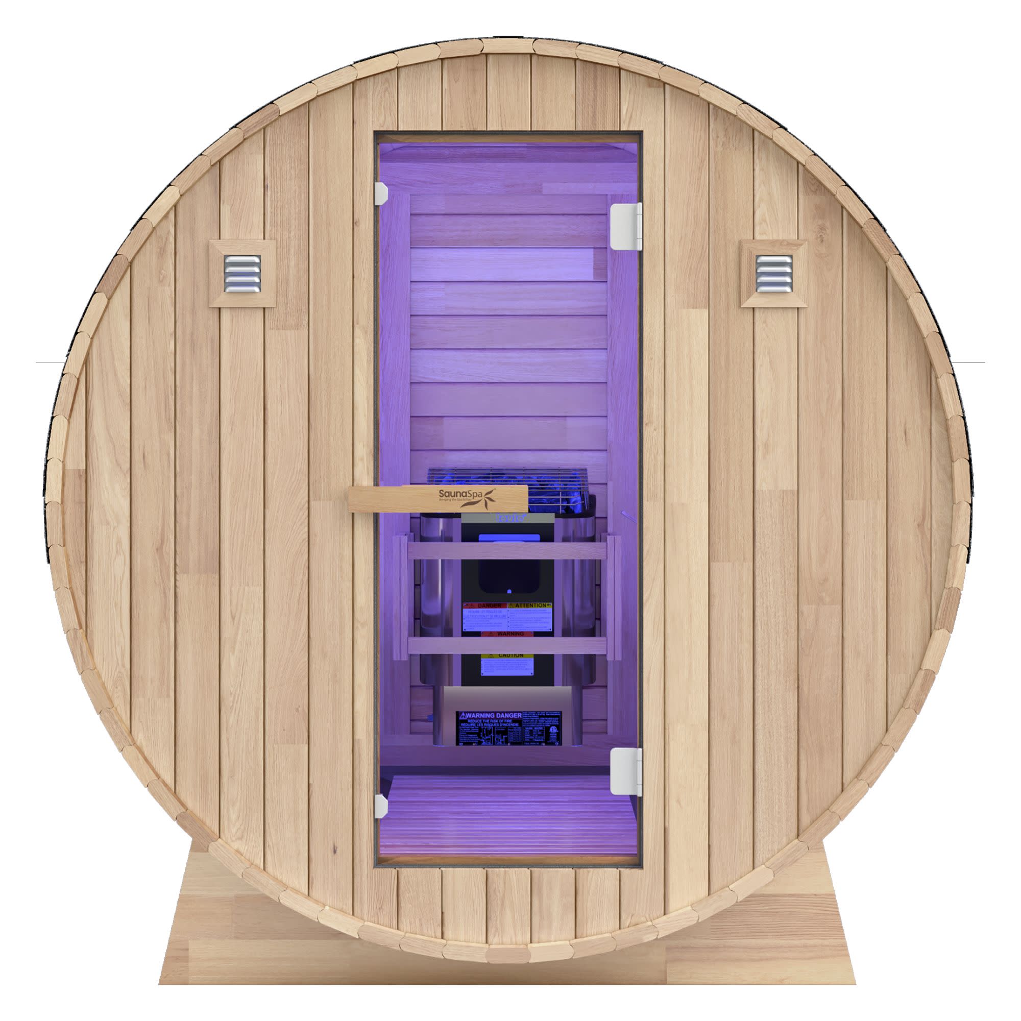 4-6-Person Outdoor Barrel Wet Sauna in White Cedar with ETL-Certified 6.2kW Sauna Rock Heater, and Bitumen Shingle Roof