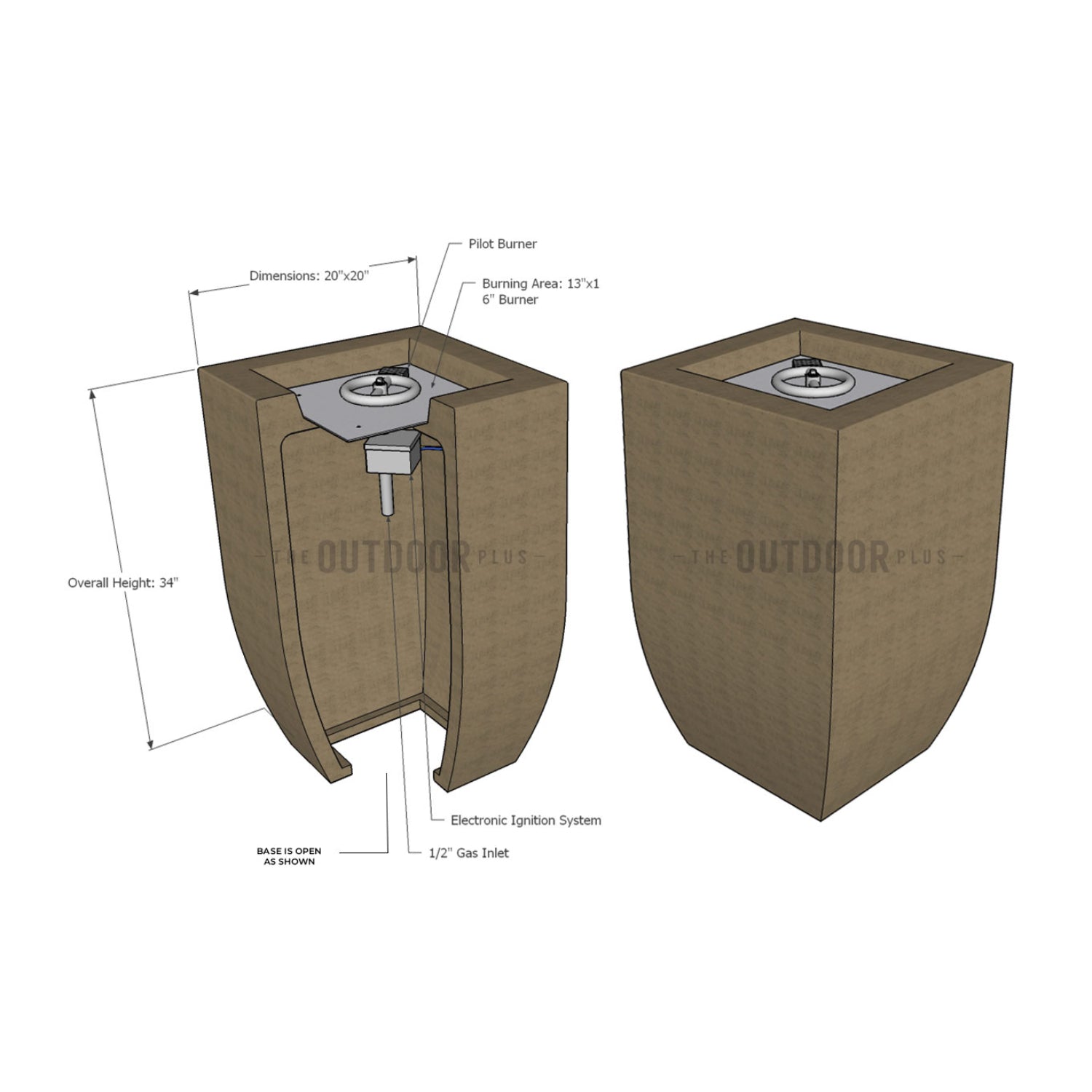 The Outdoor Plus Baston 20" Square GFRC Concrete Fire Pillar