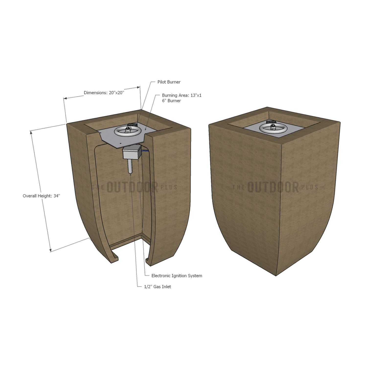 The Outdoor Plus Baston 20" Square GFRC Concrete Fire Pillar