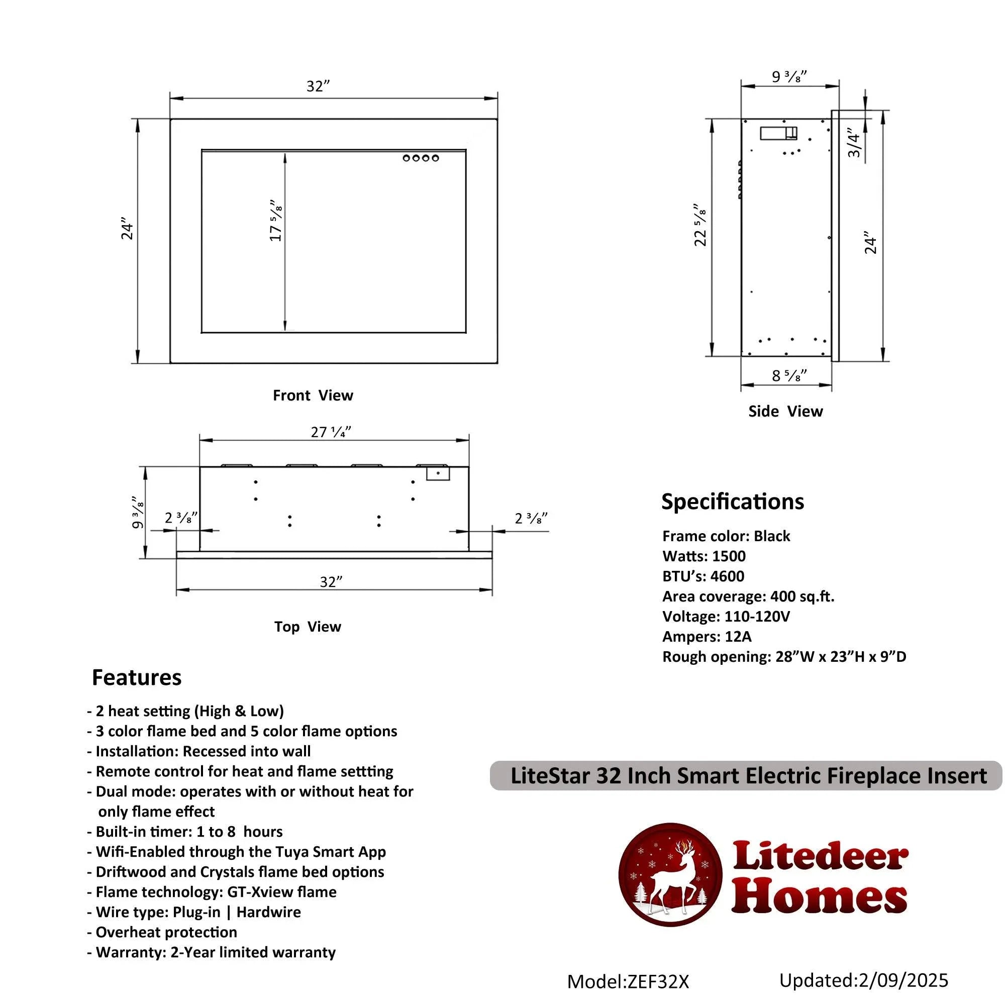 Litedeer Homes LiteStar Smart Electric Fireplace Insert with Oak Logs