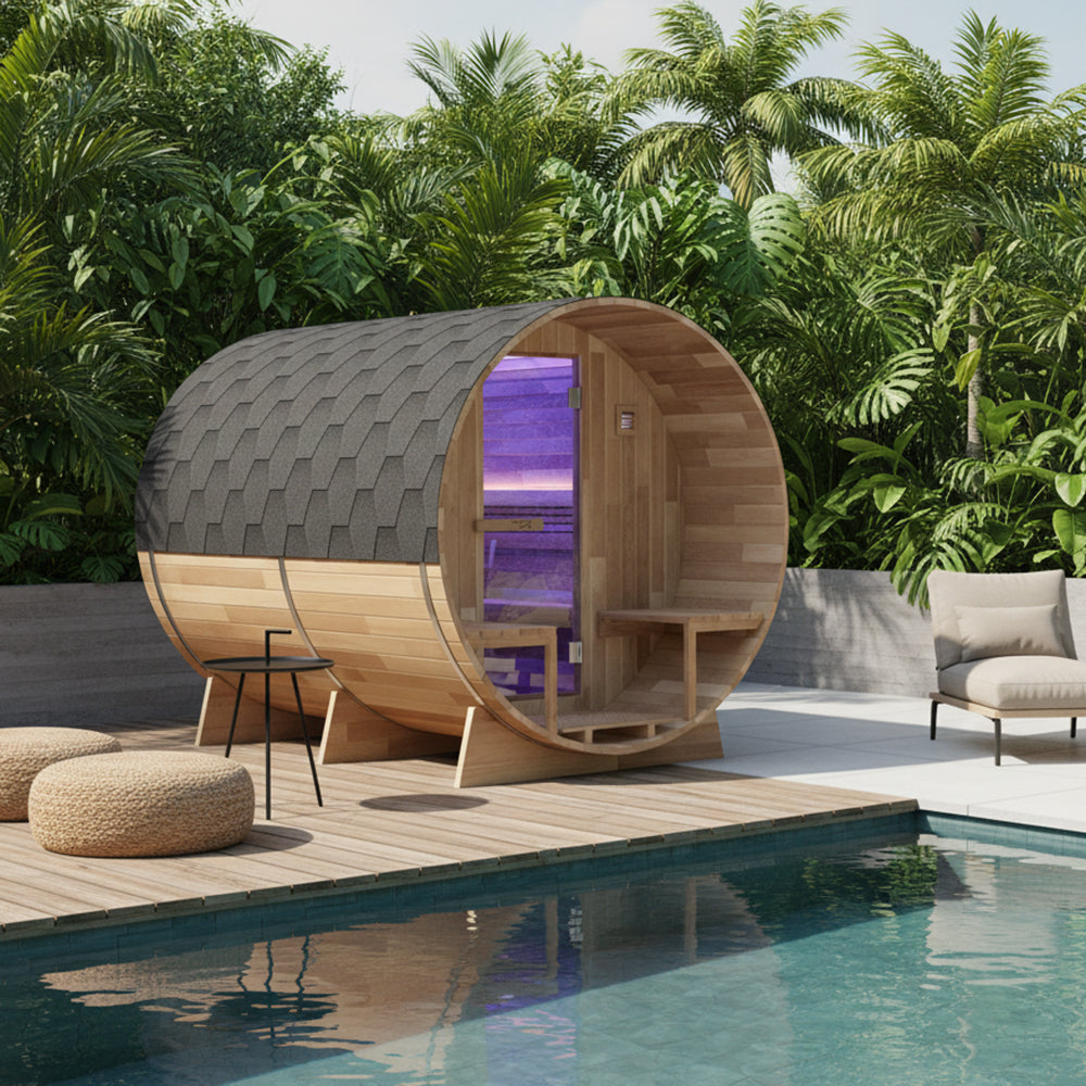 4-6 Person Outdoor Barrel Sauna in Cedar with ETL-Certified 6.2kW Rock Heater, Panoramic View, and Non-Curved Design