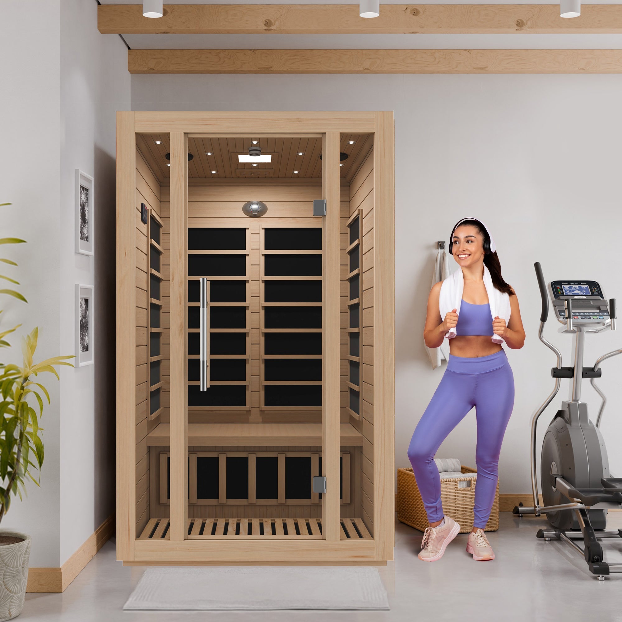 Maldives 2-Person Indoor Hemlock Wooden Low EMF Carbon FAR Infrared Home Sauna Room with LED Touch Control Panel