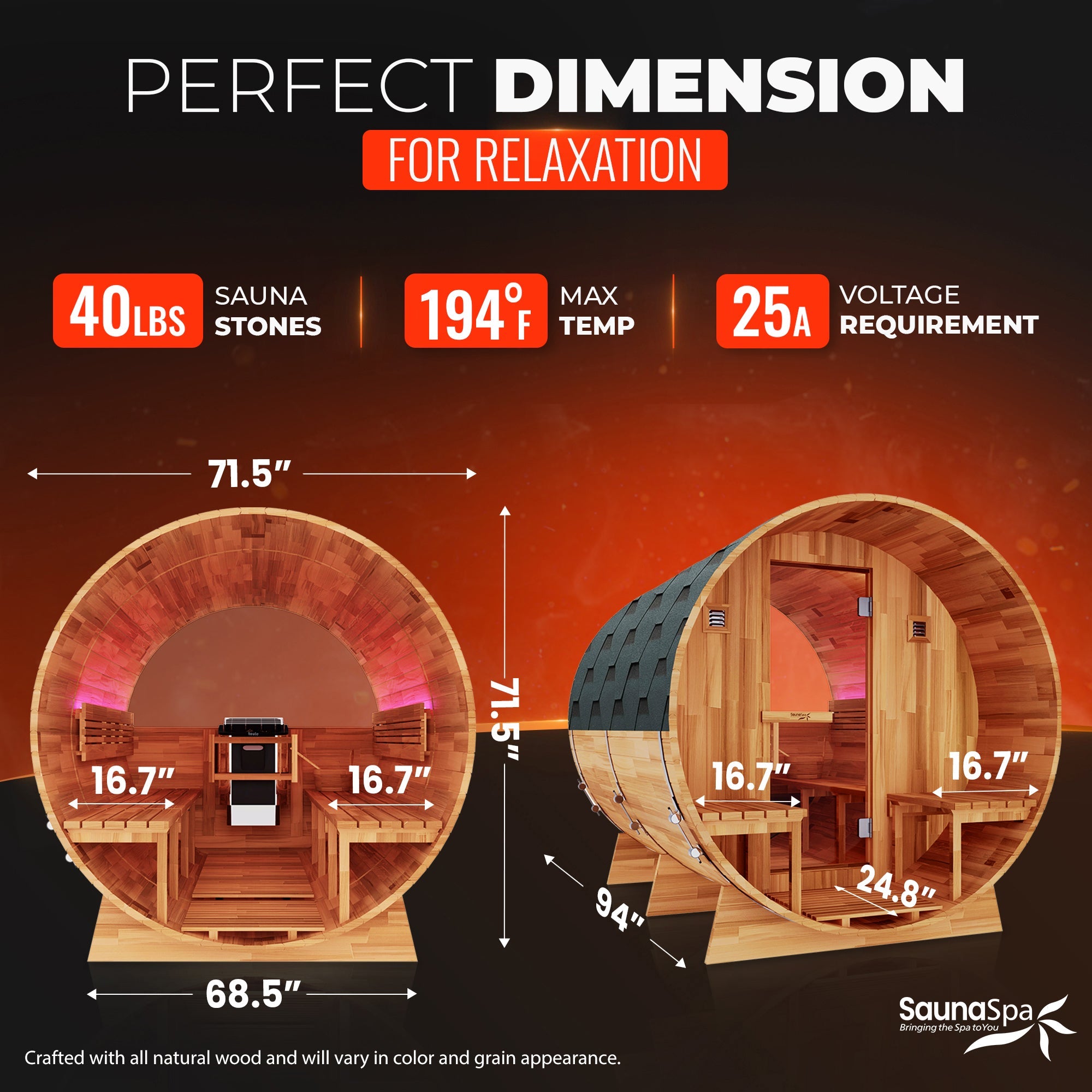 4-6 Person Outdoor Barrel Sauna in Cedar with ETL-Certified 6.2kW Rock Heater, Panoramic View, and Non-Curved Design