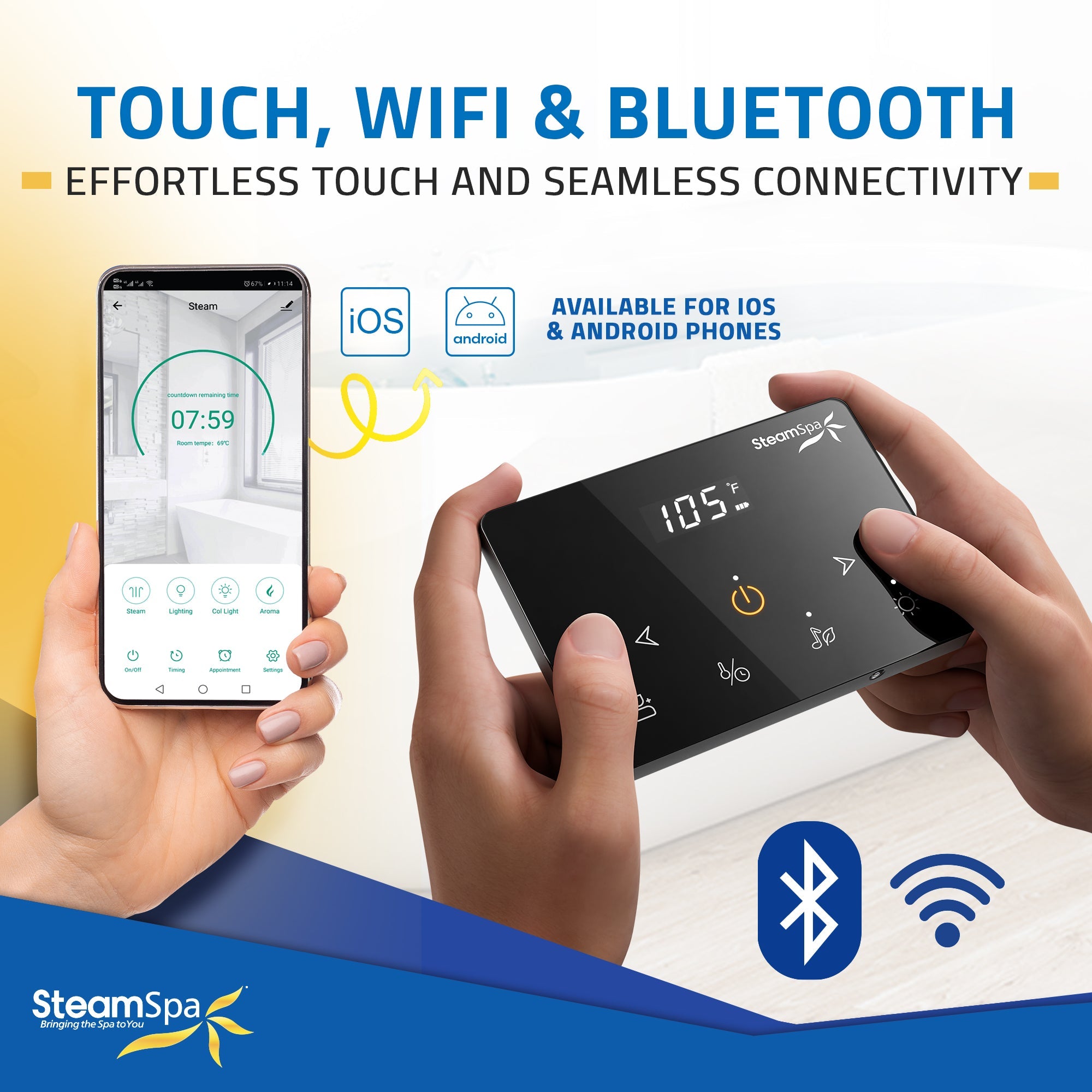 Black Series Steam Bath Generator with Wireless Controls, BLUETOOTH, WIFI, Auto Drain or Aroma Pump, and Multiple Finish Options