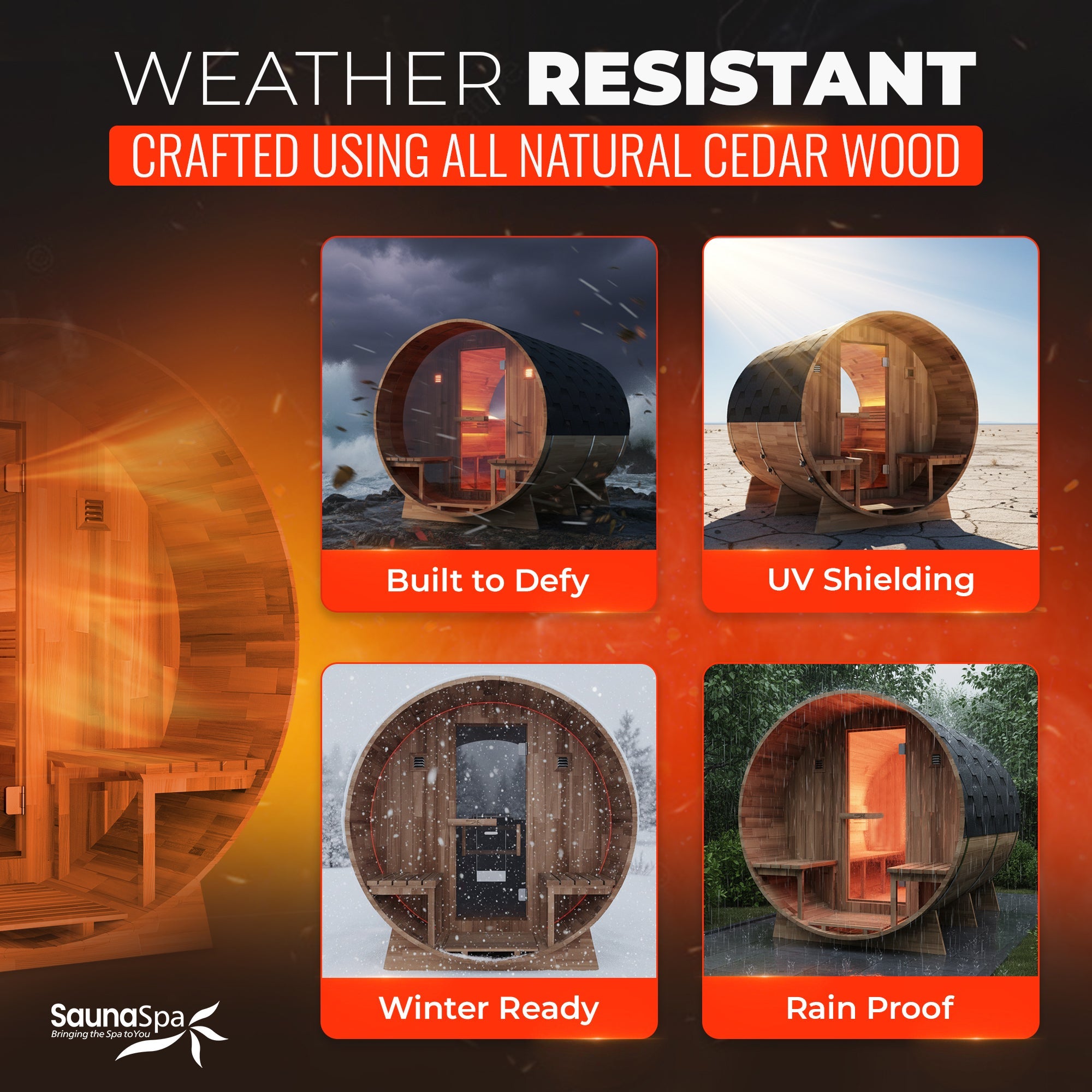 4-6 Person Outdoor Barrel Sauna in Cedar with ETL-Certified 6.2kW Rock Heater, Panoramic View, and Non-Curved Design