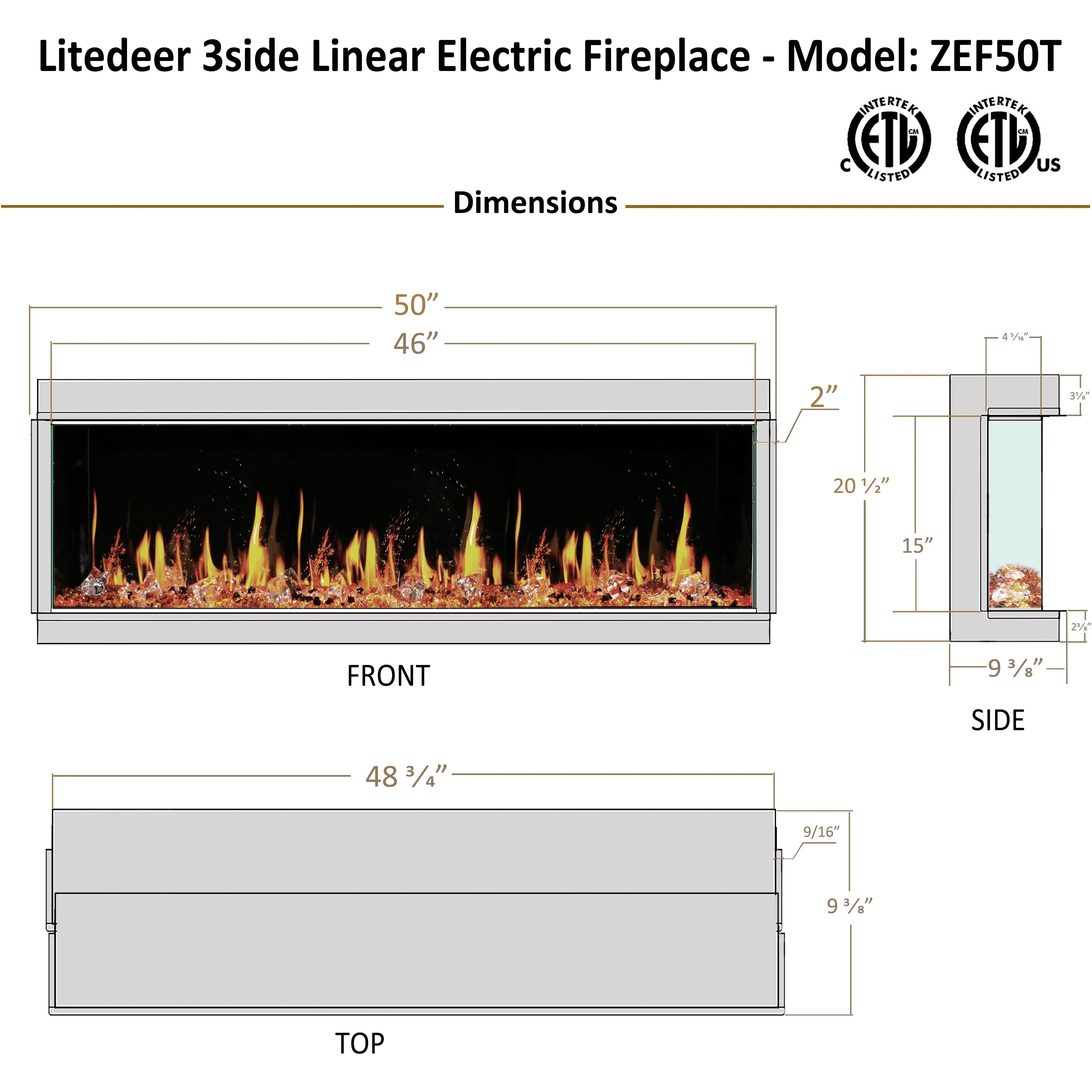 Litedeer Homes Warmcastle 50-inch 3-Sided Smart Electric Fireplace