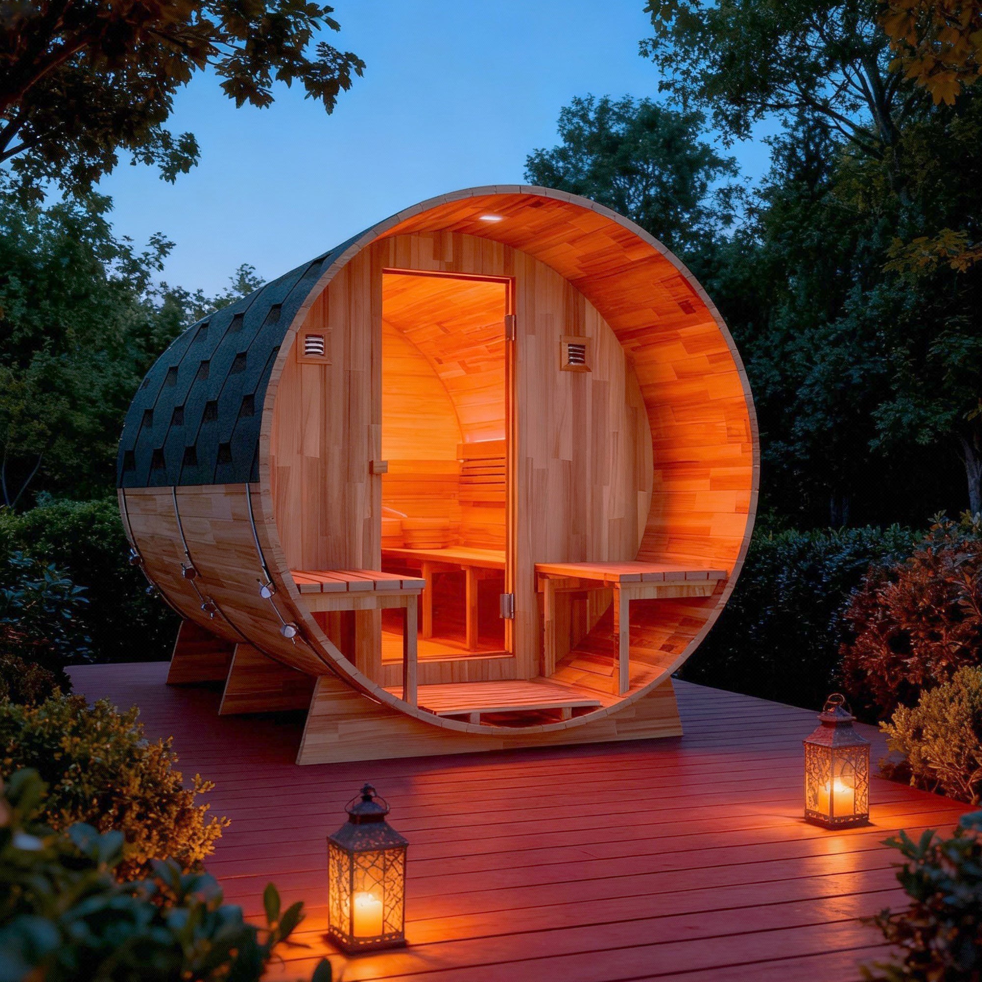 4-6 Person Outdoor Barrel Sauna in Cedar with ETL-Certified 6.2kW Rock Heater, Panoramic View, and Non-Curved Design