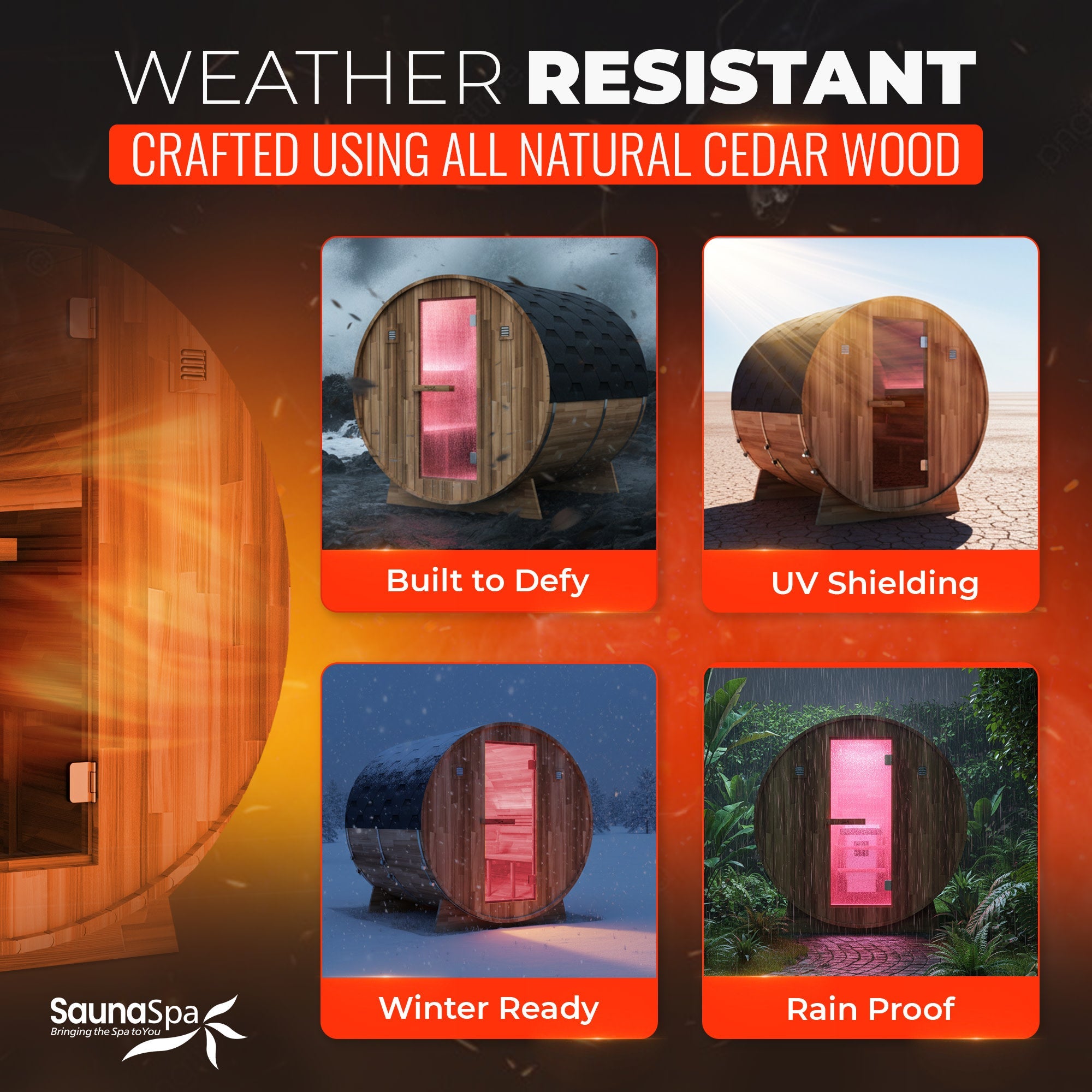 4-6-Person Outdoor Barrel Wet Sauna in White Cedar with ETL-Certified 6.2kW Sauna Rock Heater, and Bitumen Shingle Roof
