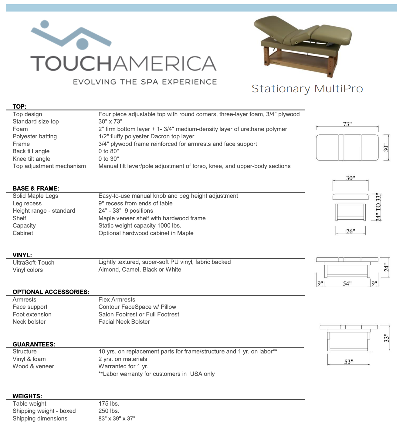 TouchAmerica Stationary Spa and Massage Treatment Table