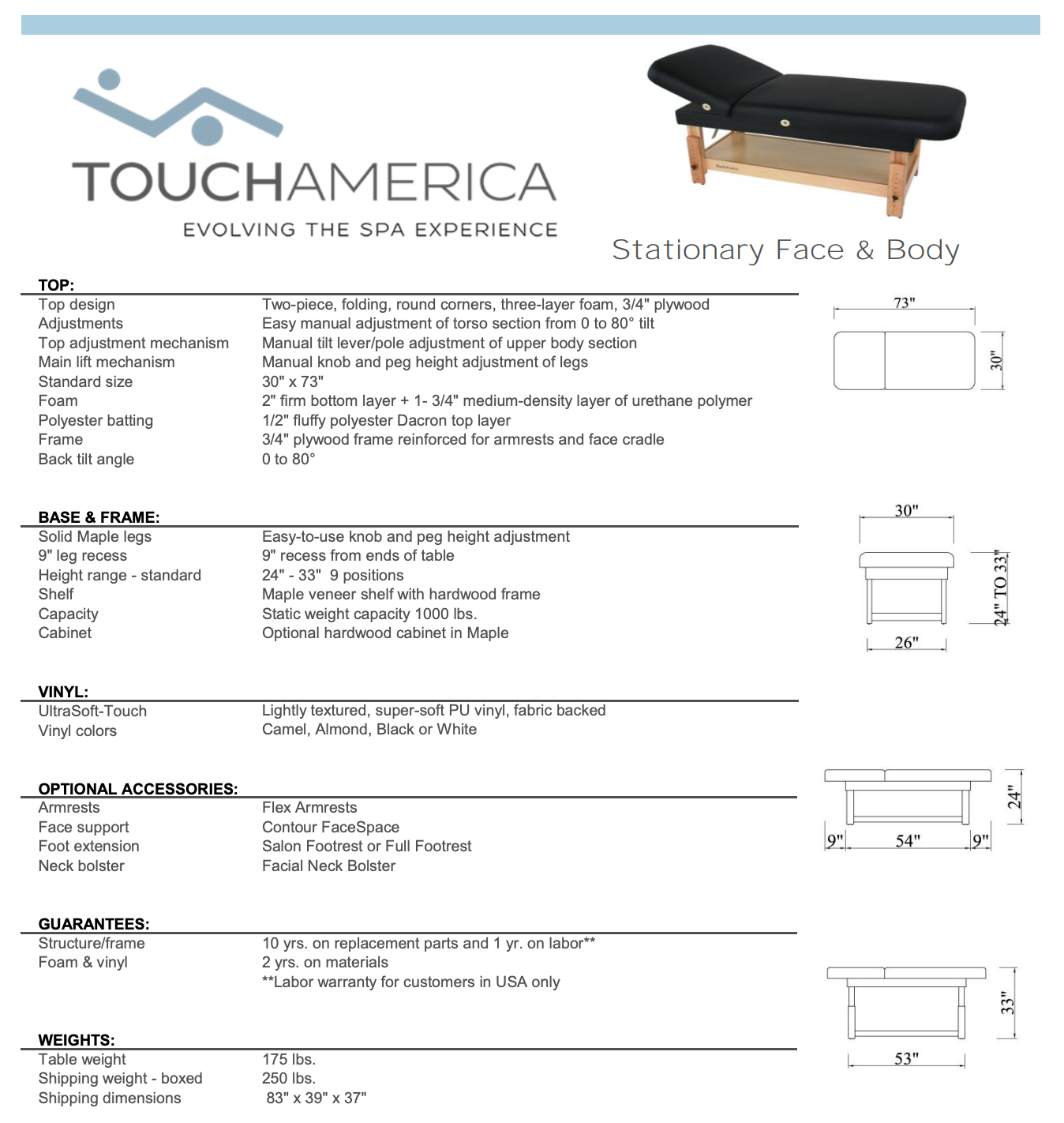 TouchAmerica Stationary Spa and Massage Treatment Table