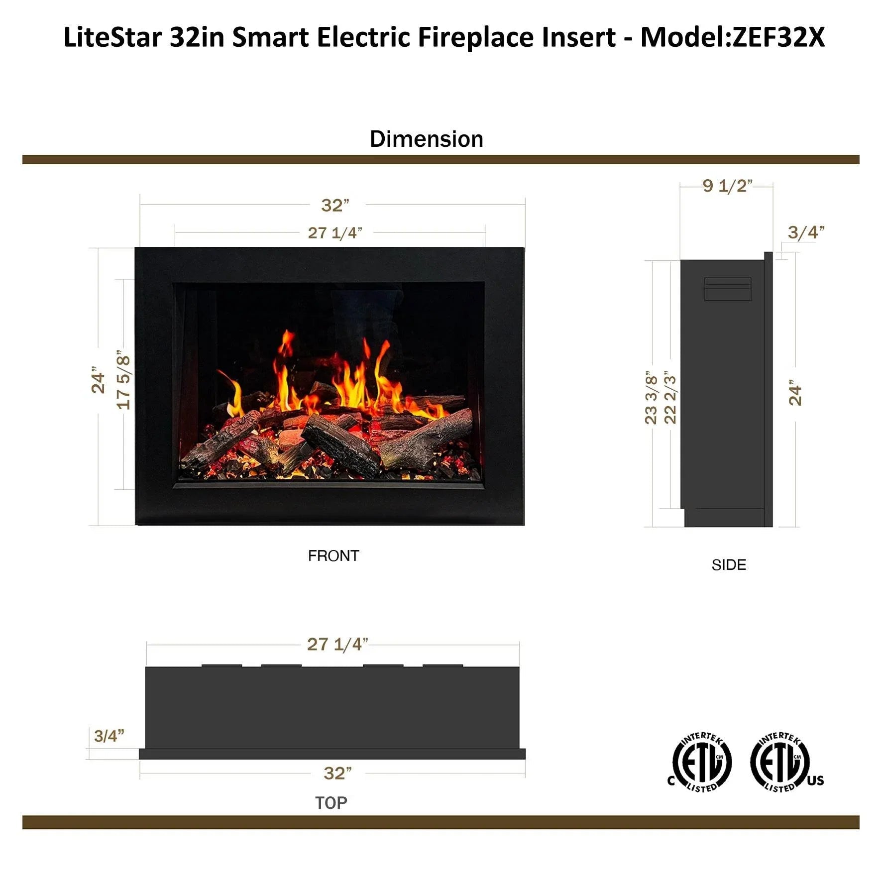 Litedeer Homes LiteStar Smart Electric Fireplace Insert with Oak Logs