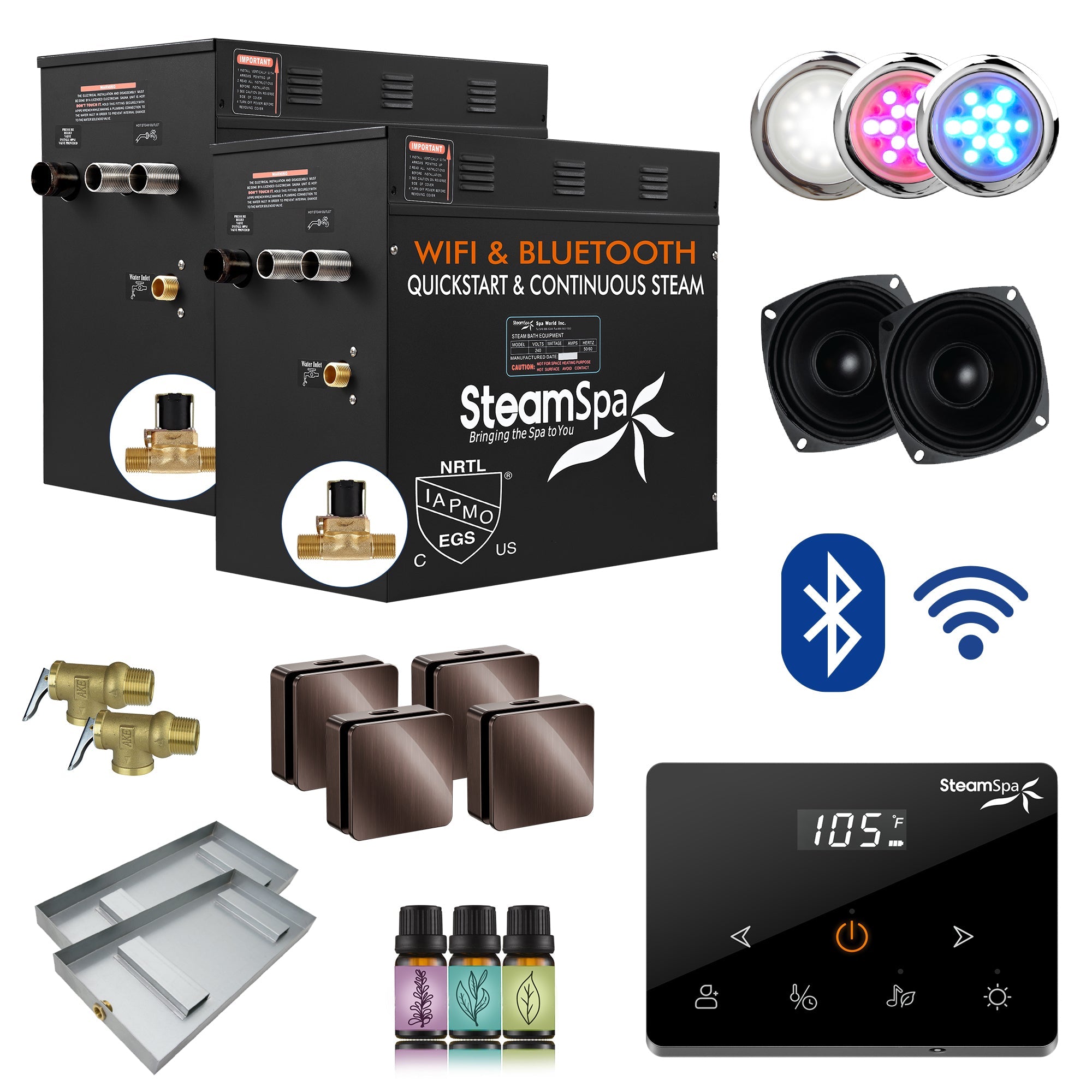 Black Series Steam Bath Generator with Wireless Controls, BLUETOOTH, WIFI, Auto Drain or Aroma Pump, and Multiple Finish Options