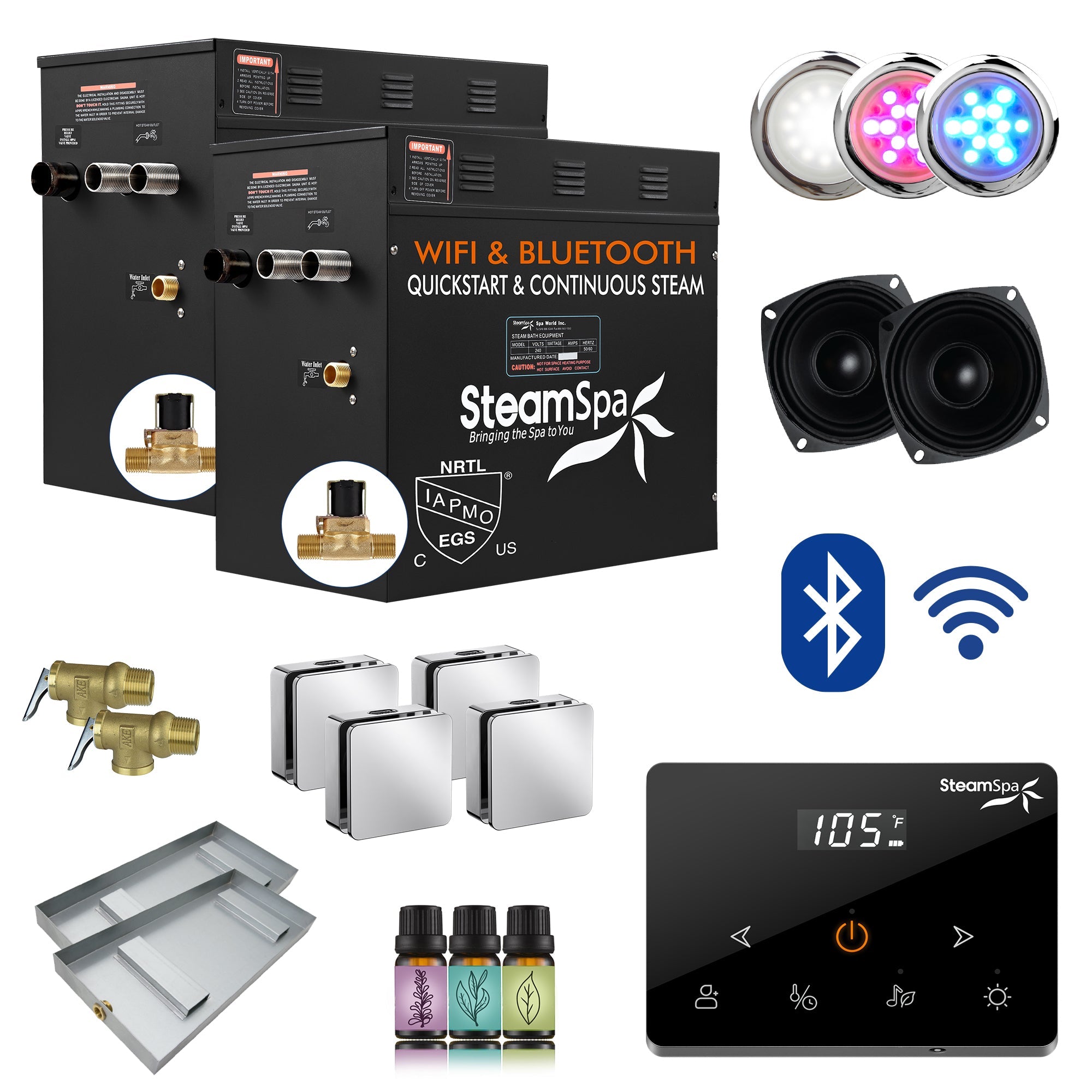 Black Series Steam Bath Generator with Wireless Controls, BLUETOOTH, WIFI, Auto Drain or Aroma Pump, and Multiple Finish Options