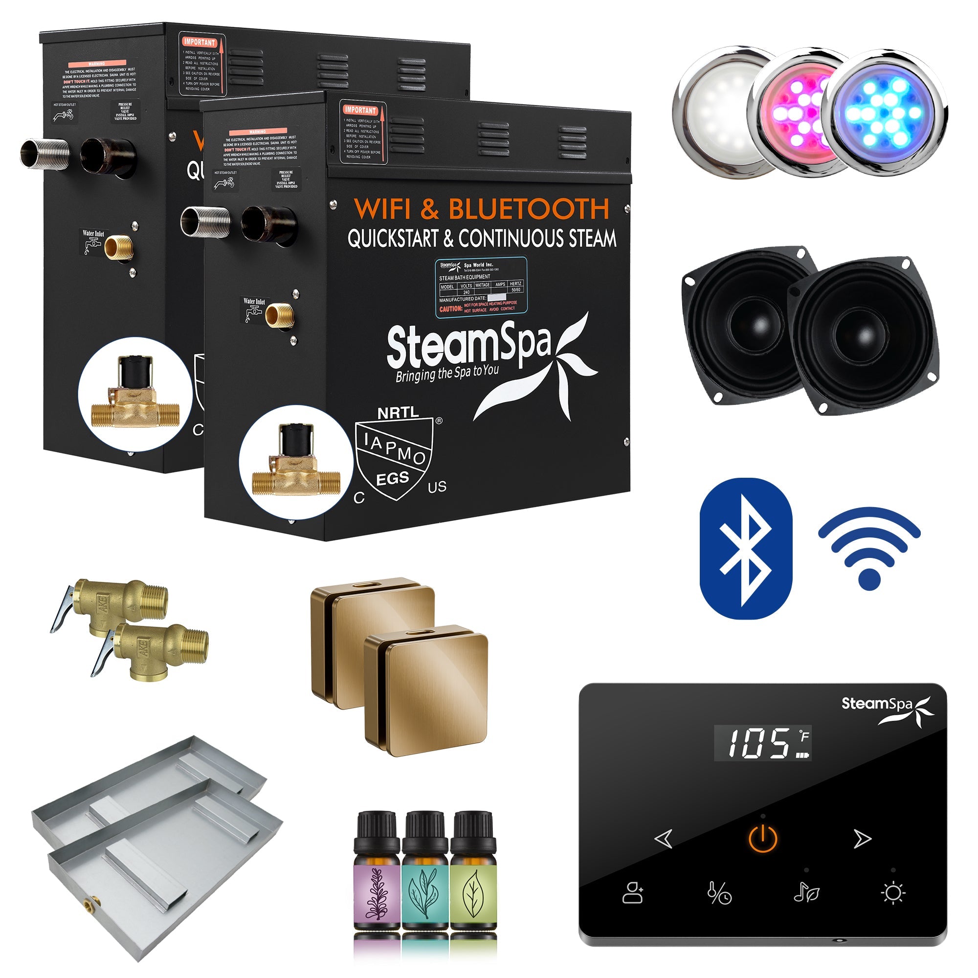 Black Series Steam Bath Generator with Wireless Controls, BLUETOOTH, WIFI, Auto Drain or Aroma Pump, and Multiple Finish Options