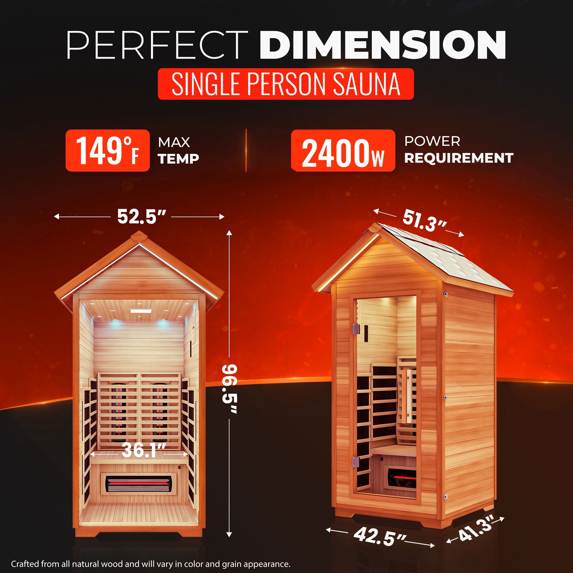 2-Person Outdoor Cabin Sauna in Red Cedar and Hemlock with Far Infrared, Starry Night Lights, and Touch Pad Controller