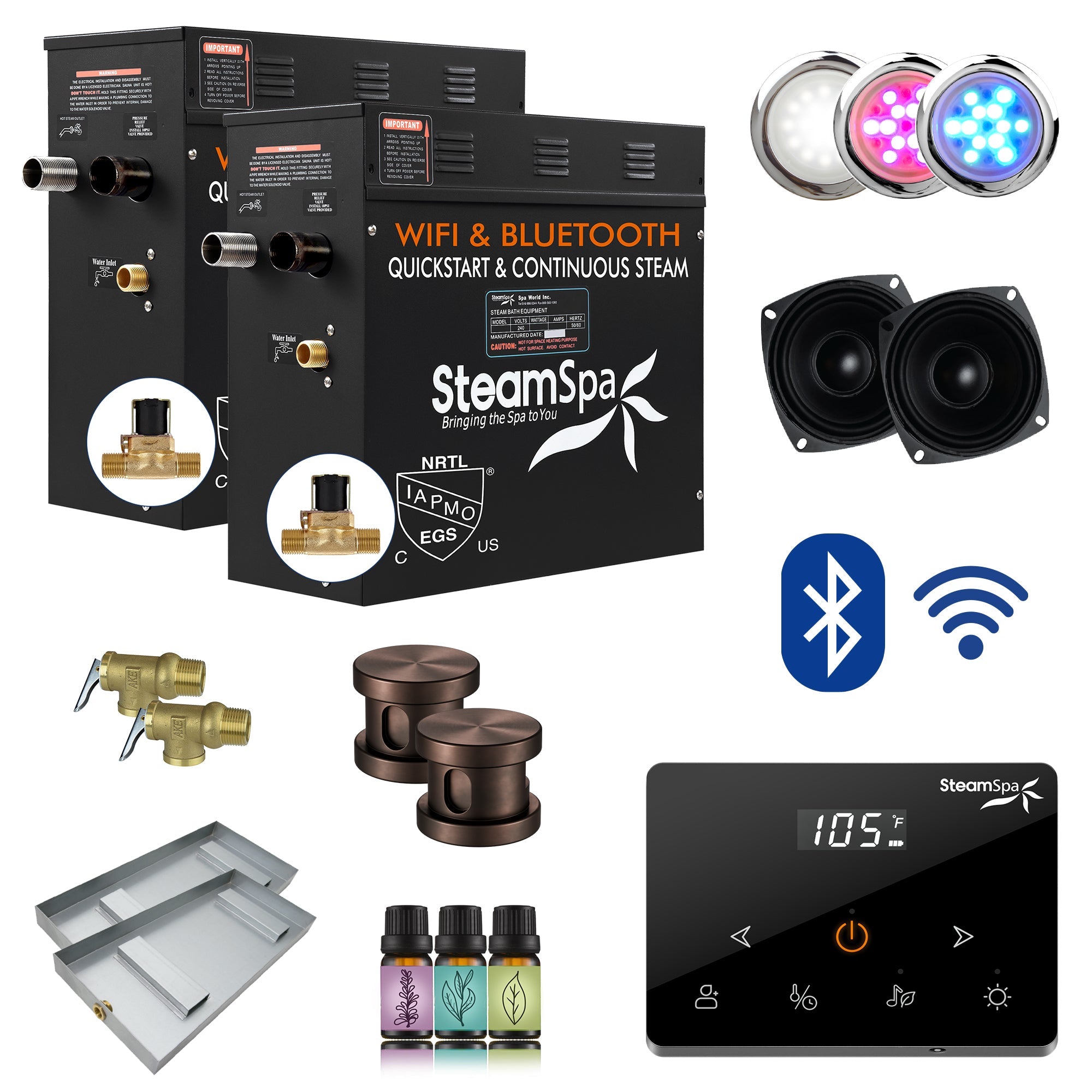 Black Series Steam Bath Generator with Wireless Control, BLUETOOTH, WIFI, Auto Drain, and Multiple Finish Options