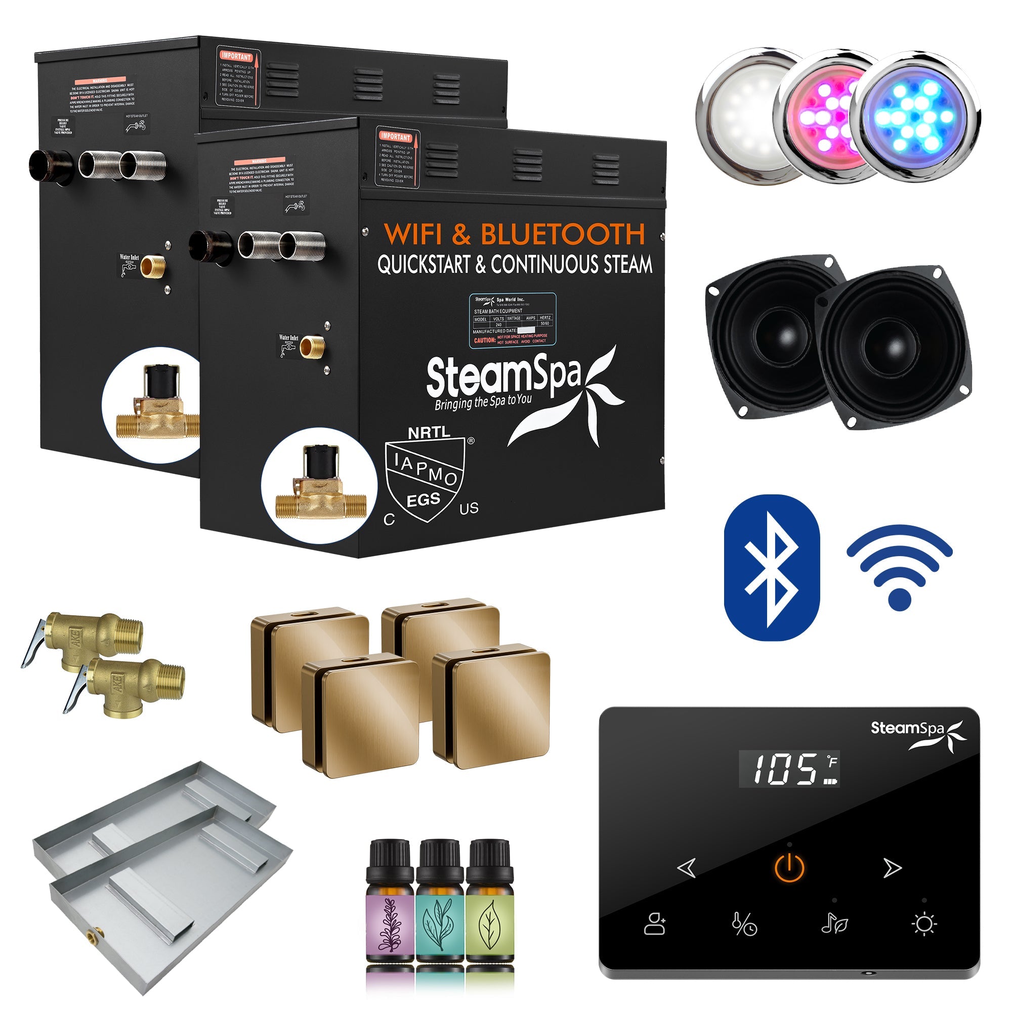 Black Series Steam Bath Generator with Wireless Controls, BLUETOOTH, WIFI, Auto Drain or Aroma Pump, and Multiple Finish Options