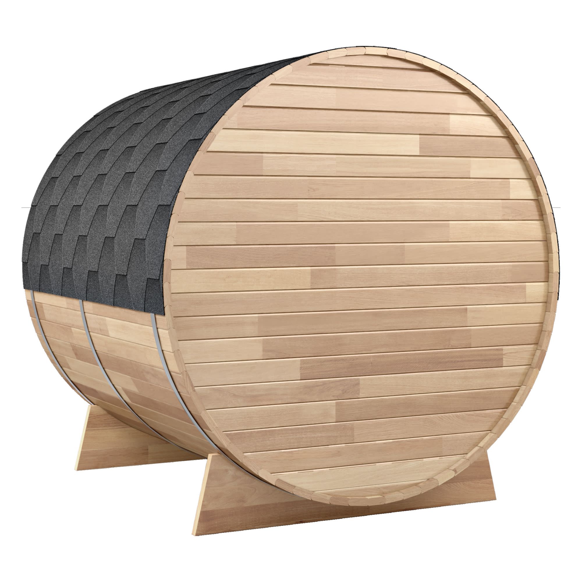 4-6-Person Outdoor Barrel Wet Sauna in White Cedar with ETL-Certified 6.2kW Sauna Rock Heater, and Bitumen Shingle Roof