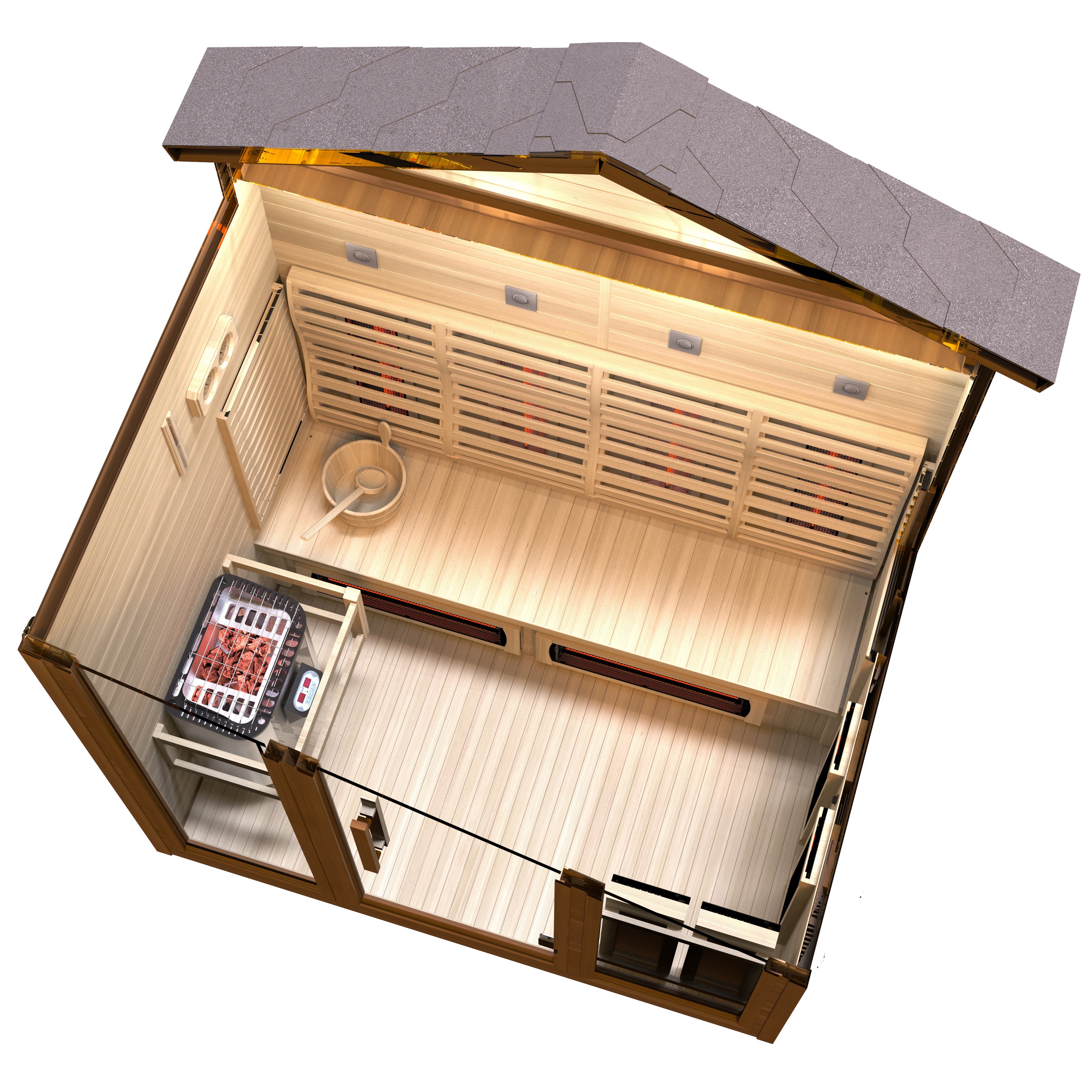 3-4 Person Outdoor Cabin Sauna in Cedar and Hemlock with Far Infrared Panels, and ETL Certified 6.2kW Sauna Rock Heater