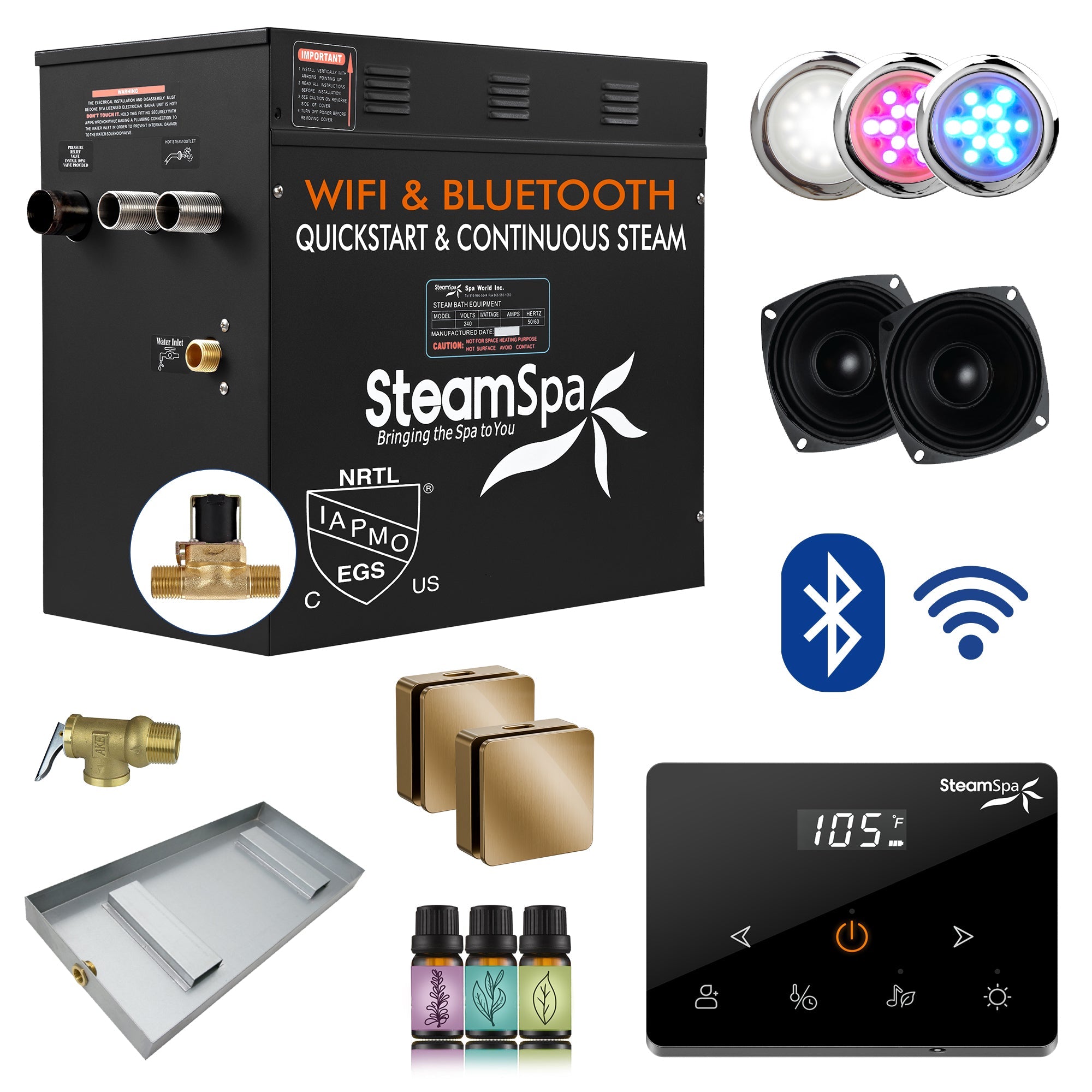 Black Series Steam Bath Generator with Wireless Controls, BLUETOOTH, WIFI, Auto Drain or Aroma Pump, and Multiple Finish Options