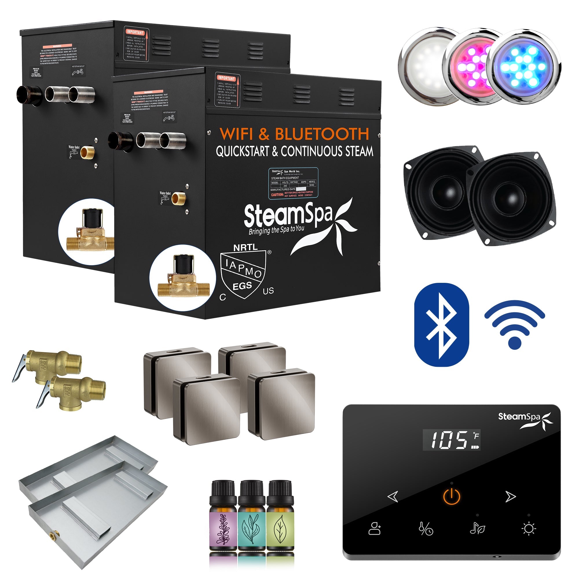Black Series Steam Bath Generator with Wireless Controls, BLUETOOTH, WIFI, Auto Drain or Aroma Pump, and Multiple Finish Options