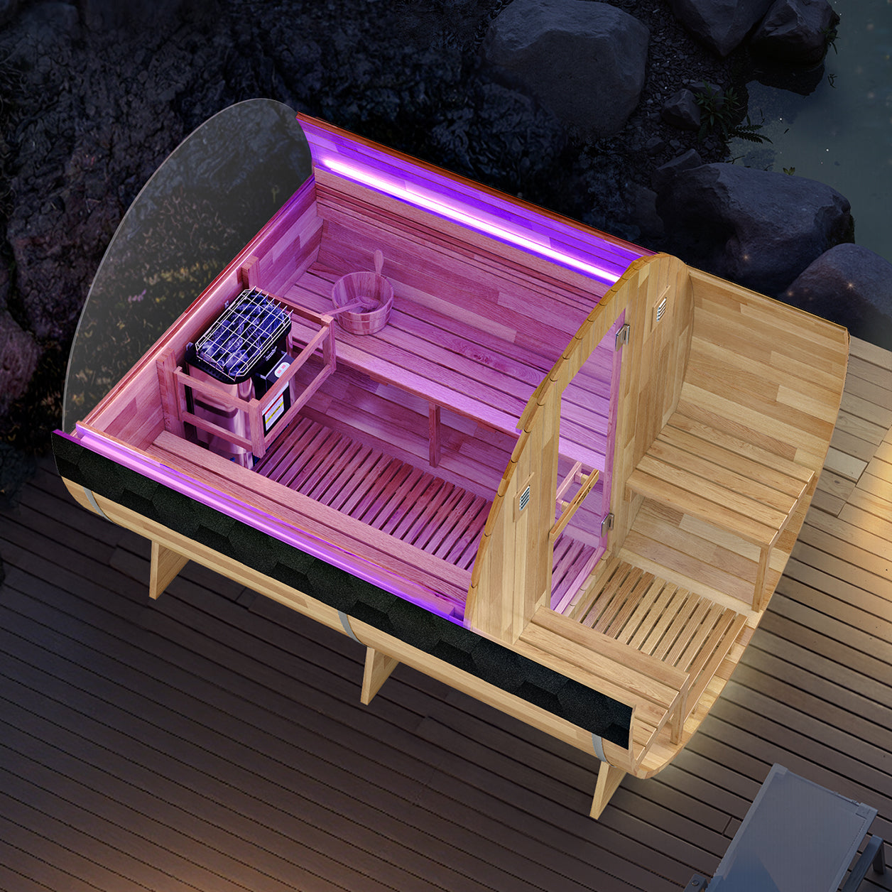4-6 Person Outdoor Barrel Sauna in Cedar with ETL-Certified 6.2kW Rock Heater, Panoramic View, and Non-Curved Design