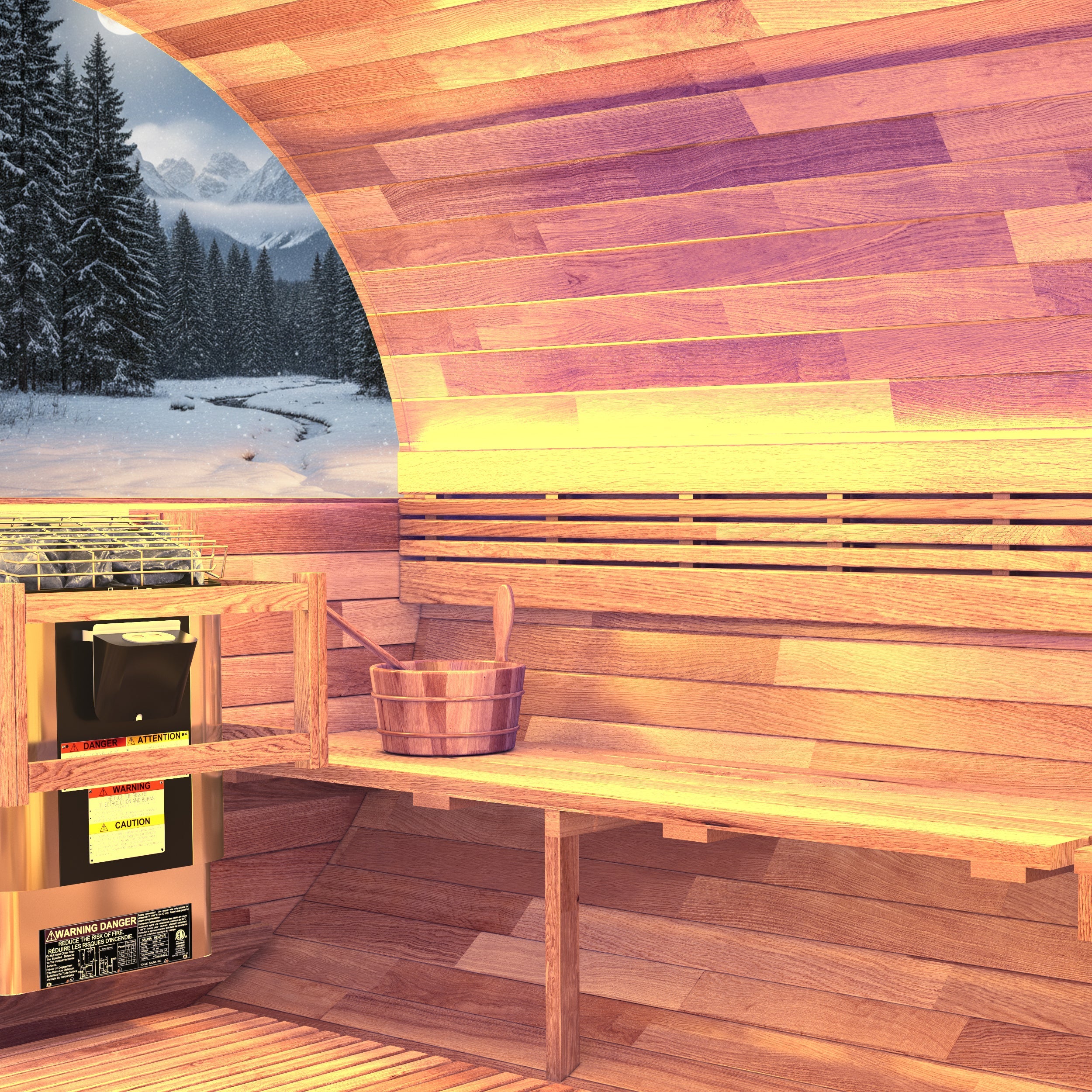 4-6 Person Outdoor Barrel Sauna in Cedar with ETL-Certified 6.2kW Rock Heater, Panoramic View, and Non-Curved Design