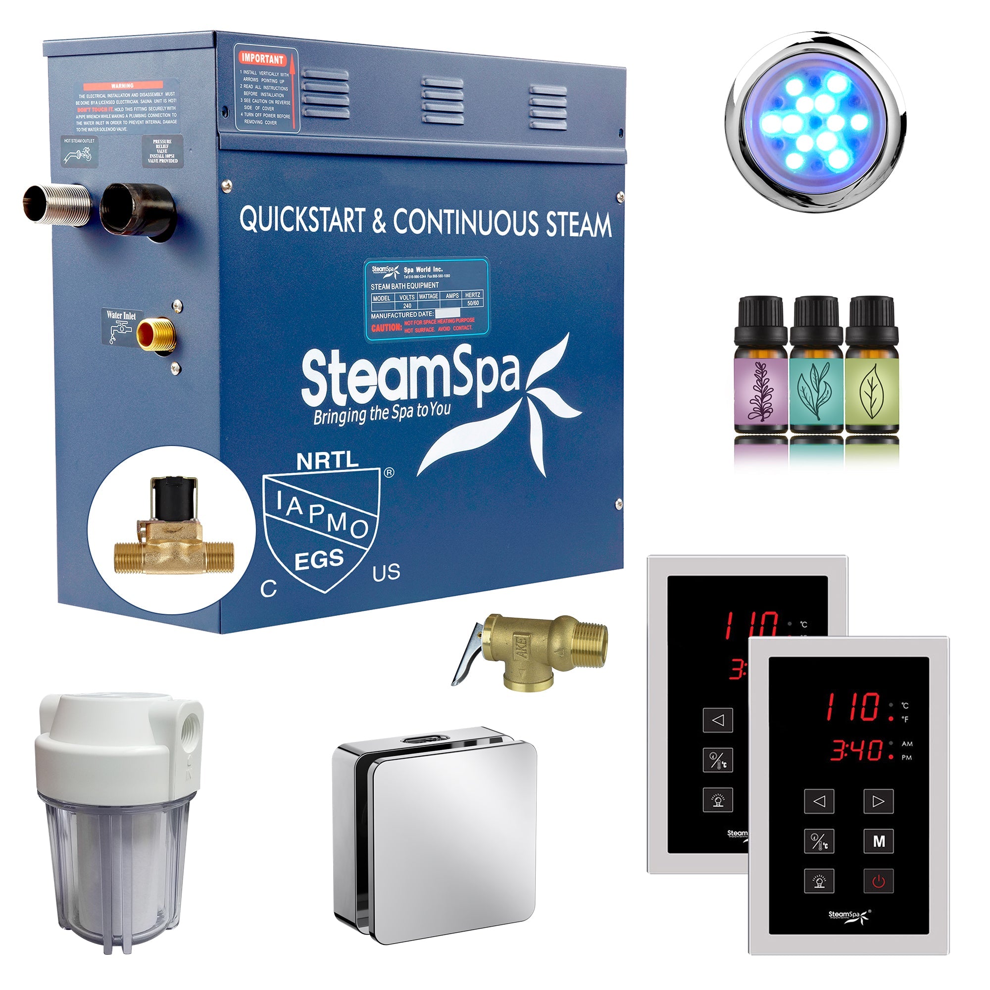 Royal Series Steam Bath Generator with Continuous Steam, Dual Touch Control, Chroma Lighting, Auto Drain & Water Filter