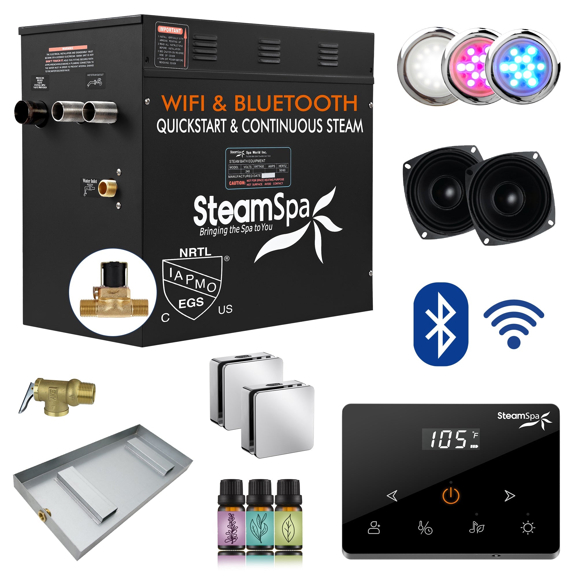 Black Series Steam Bath Generator with Wireless Controls, BLUETOOTH, WIFI, Auto Drain or Aroma Pump, and Multiple Finish Options