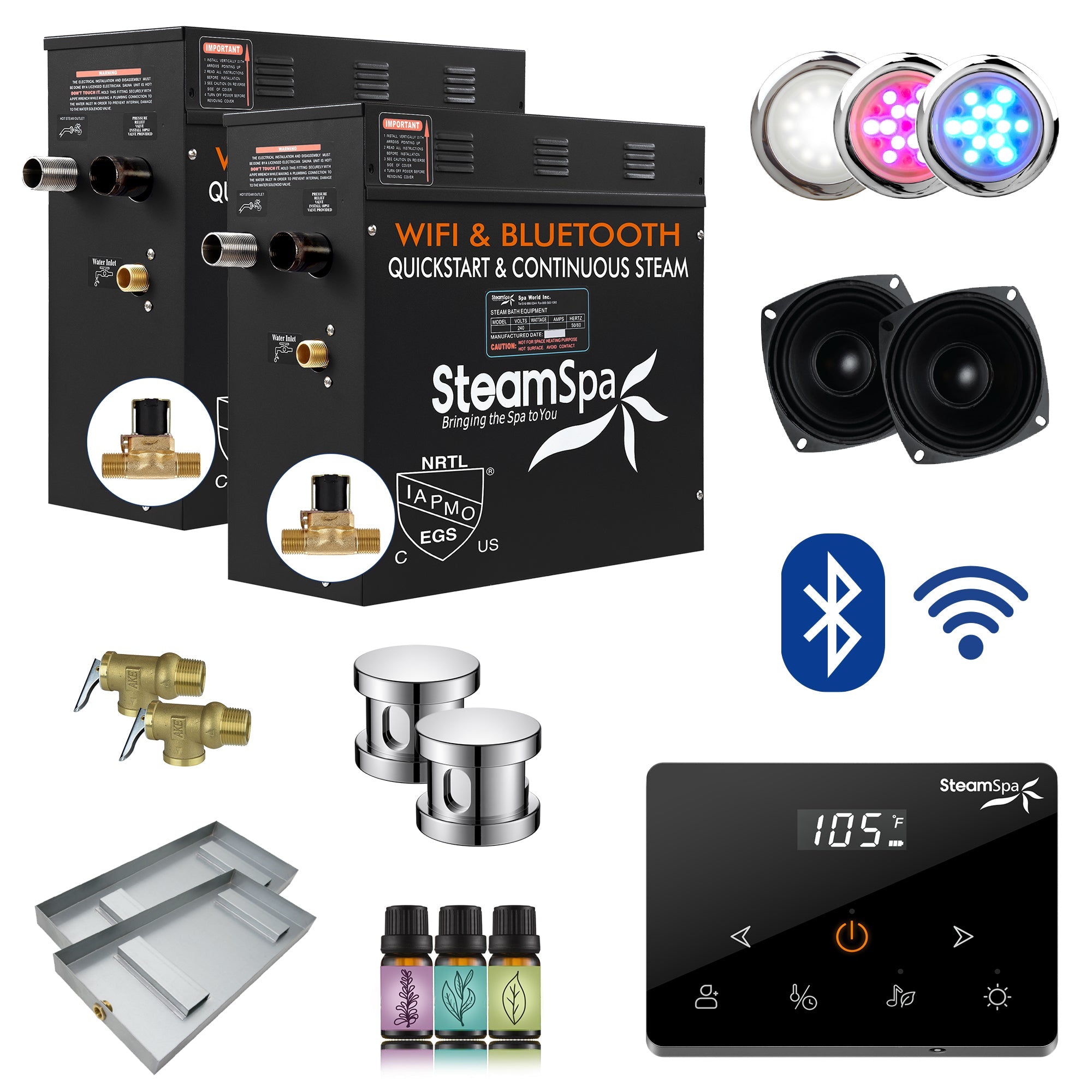 Black Series Steam Bath Generator with Wireless Control, BLUETOOTH, WIFI, Auto Drain, and Multiple Finish Options