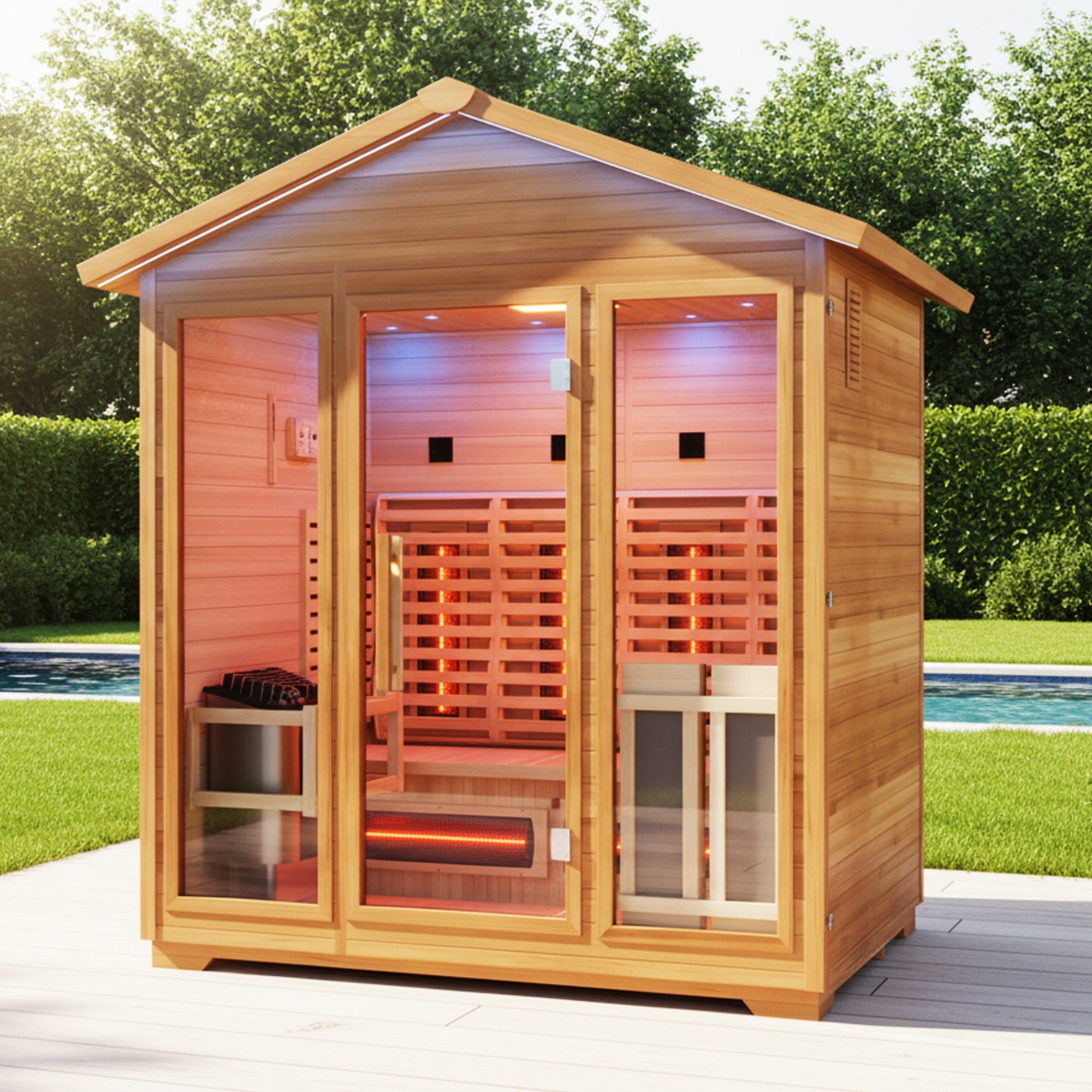 3-4 Person Outdoor Cabin Sauna in Cedar and Hemlock with Far Infrared Panels, and ETL Certified 6.2kW Sauna Rock Heater