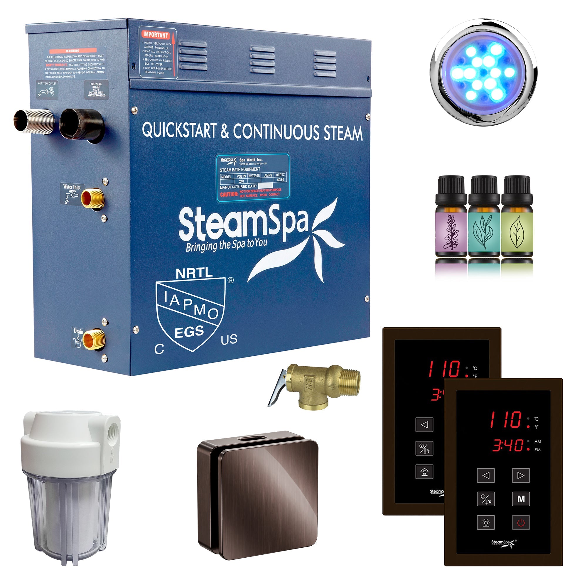 Royal Series Steam Bath Generator with Continuous Steam, Dual Touch Control, Chroma Lighting, Auto Drain & Water Filter