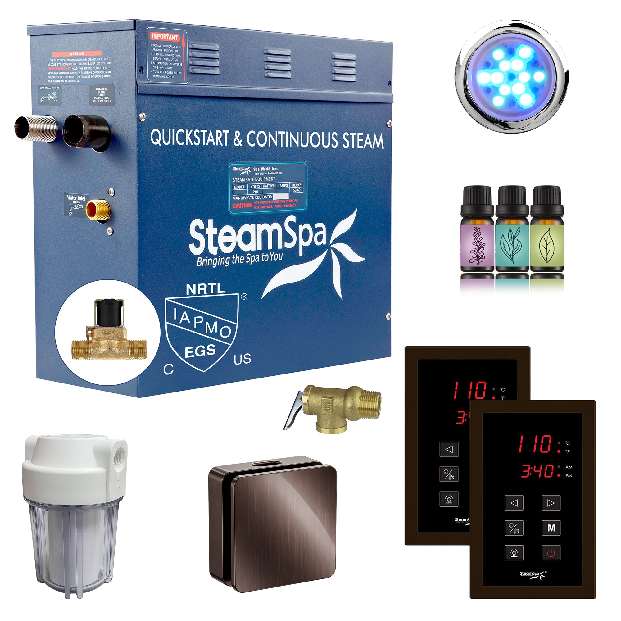 Royal Series Steam Bath Generator with Continuous Steam, Dual Touch Control, Chroma Lighting, Auto Drain & Water Filter