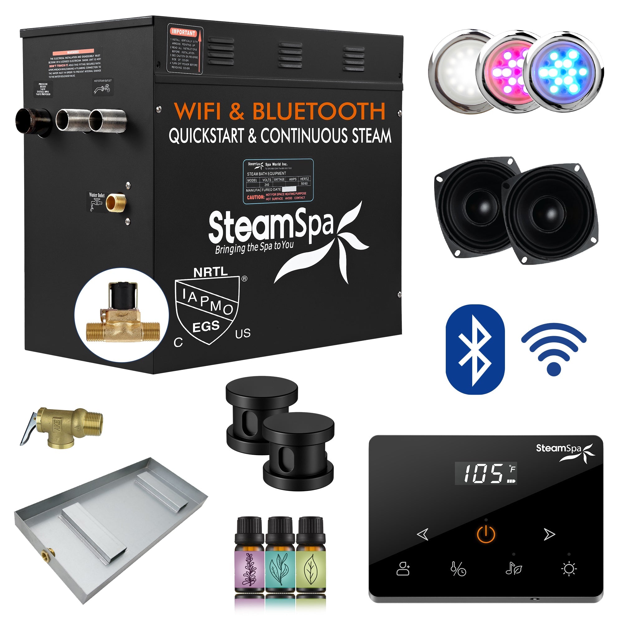 Black Series Steam Bath Generator with Wireless Control, BLUETOOTH, WIFI, Auto Drain, and Multiple Finish Options