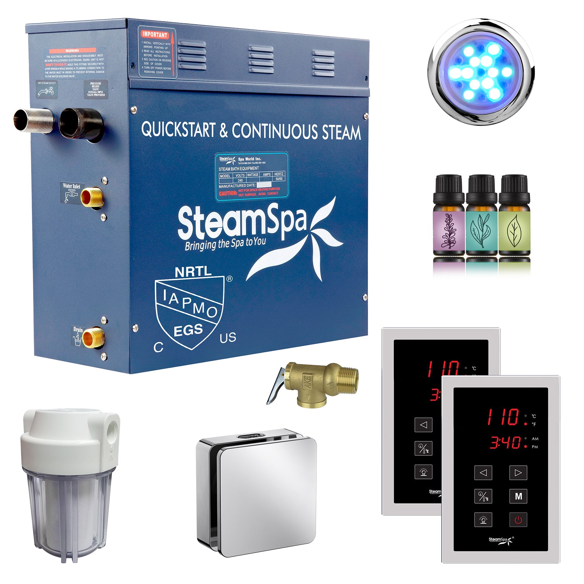 Royal Series Steam Bath Generator with Continuous Steam, Dual Touch Control, Chroma Lighting, Auto Drain & Water Filter