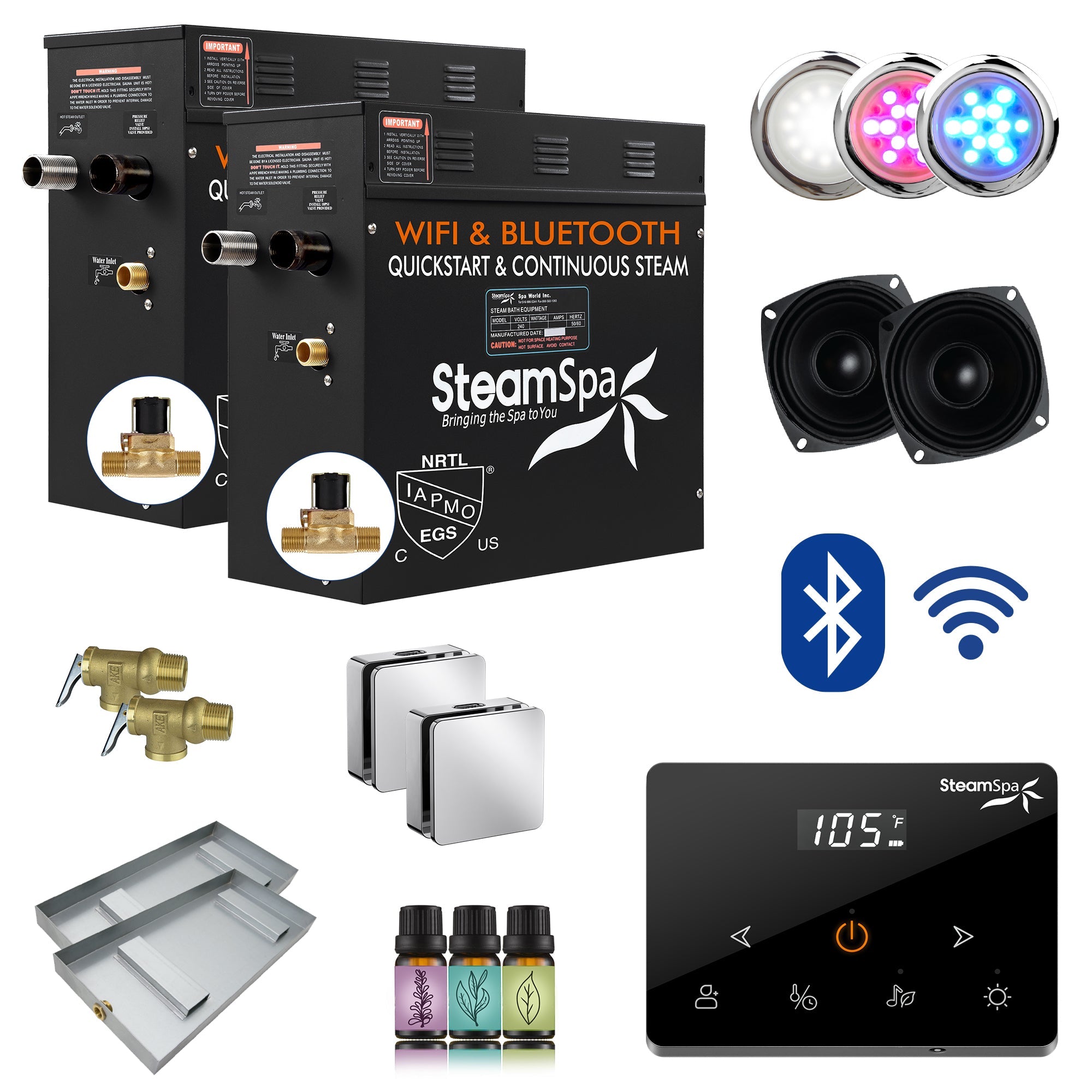 Black Series Steam Bath Generator with Wireless Controls, BLUETOOTH, WIFI, Auto Drain or Aroma Pump, and Multiple Finish Options