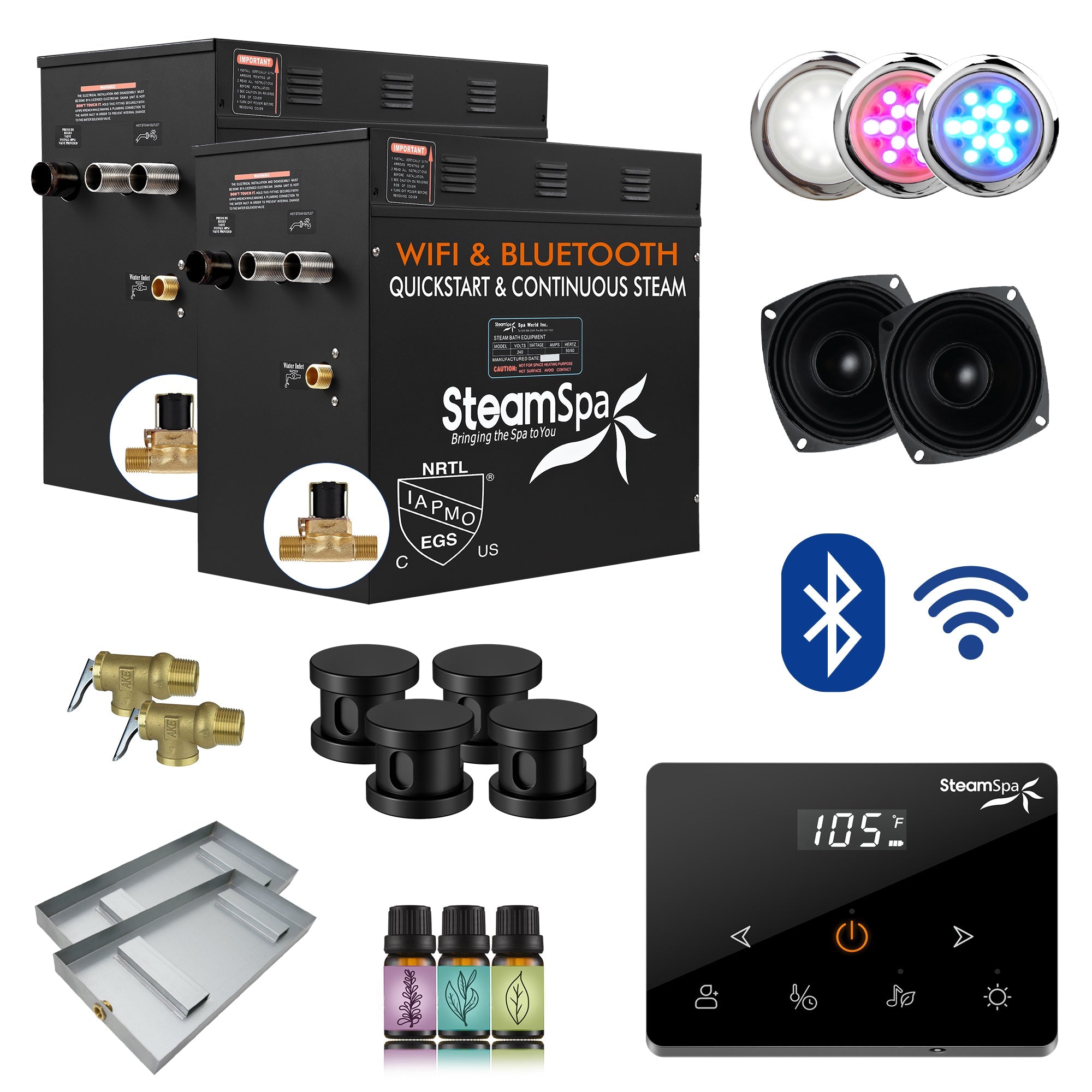 Black Series Steam Bath Generator with Wireless Control, BLUETOOTH, WIFI, Auto Drain, and Multiple Finish Options