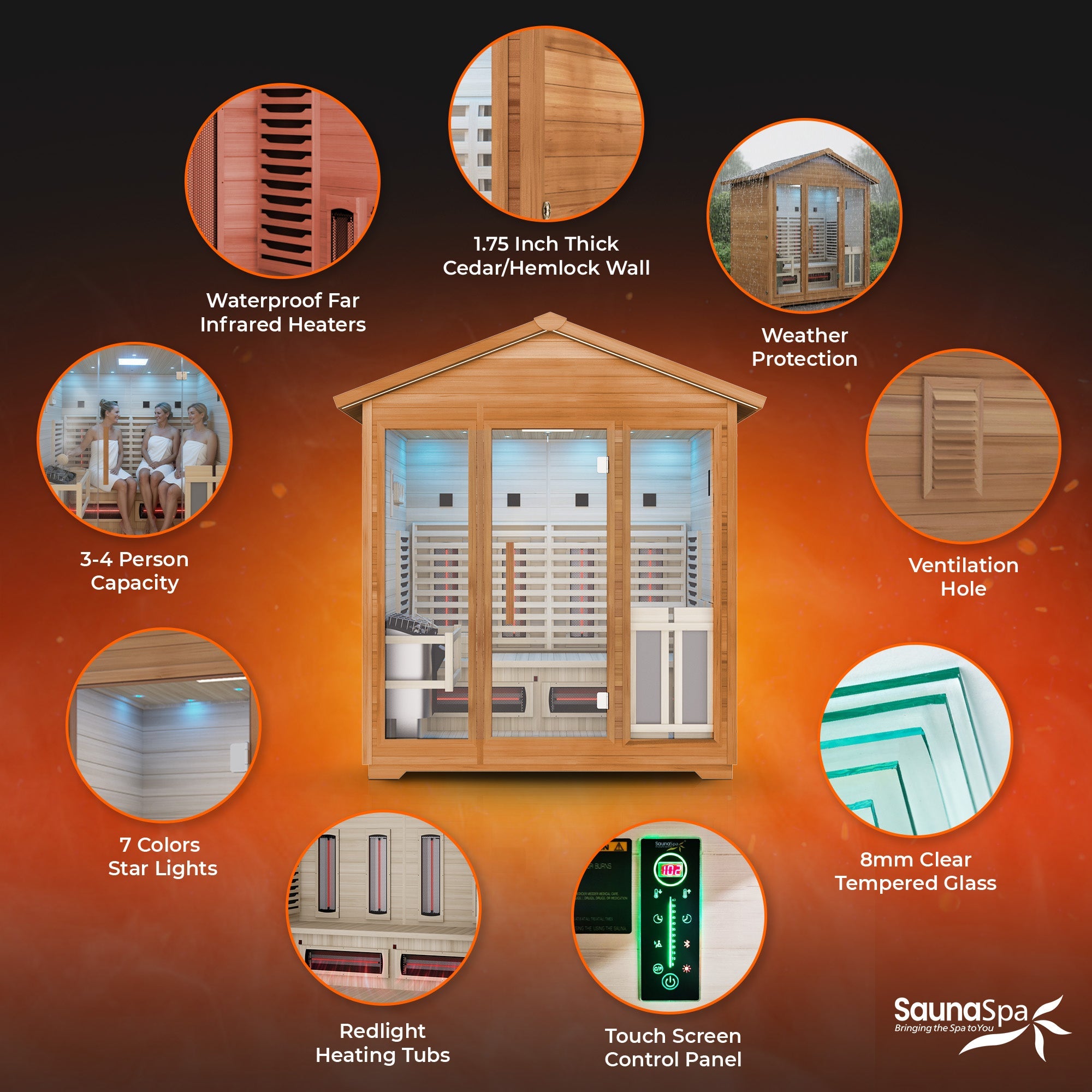 3-4 Person Outdoor Cabin Sauna in Cedar and Hemlock with Far Infrared Panels, and ETL Certified 6.2kW Sauna Rock Heater
