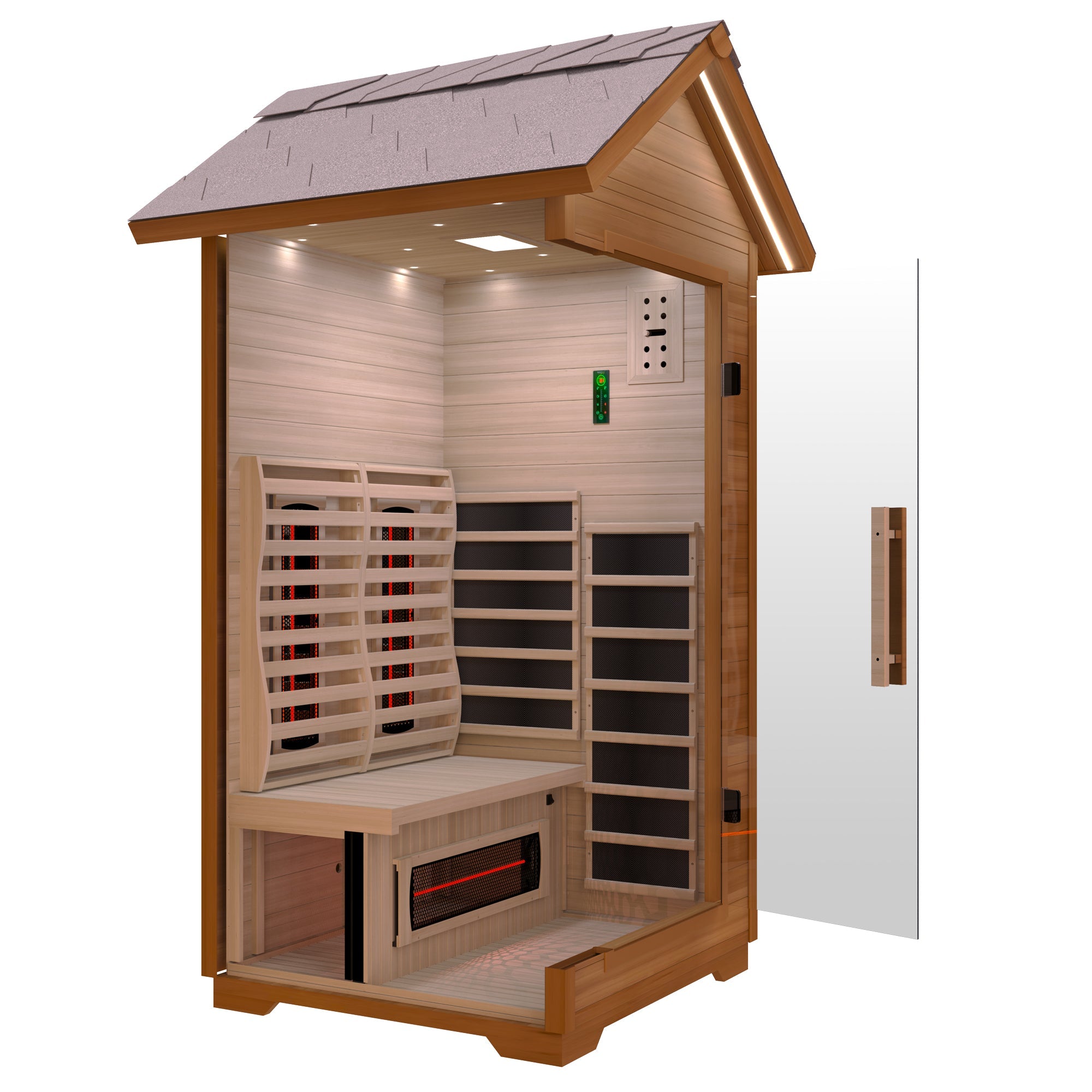 2-Person Outdoor Cabin Sauna in Red Cedar and Hemlock with Far Infrared, Starry Night Lights, and Touch Pad Controller