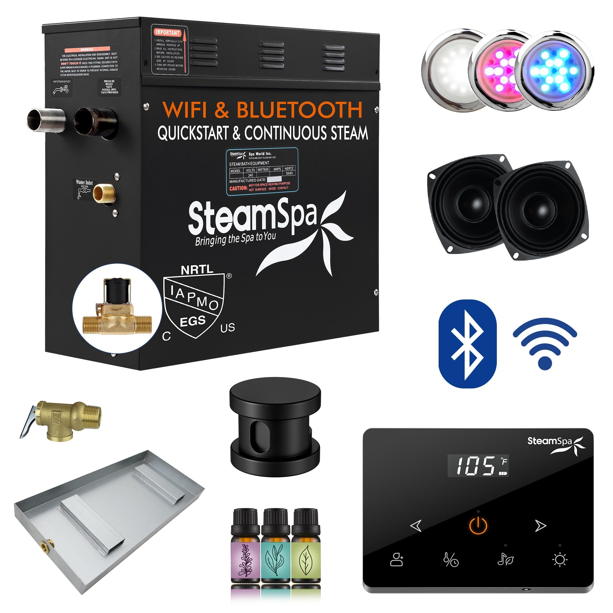 Black Series Steam Bath Generator with Wireless Control, BLUETOOTH, WIFI, Auto Drain, and Multiple Finish Options