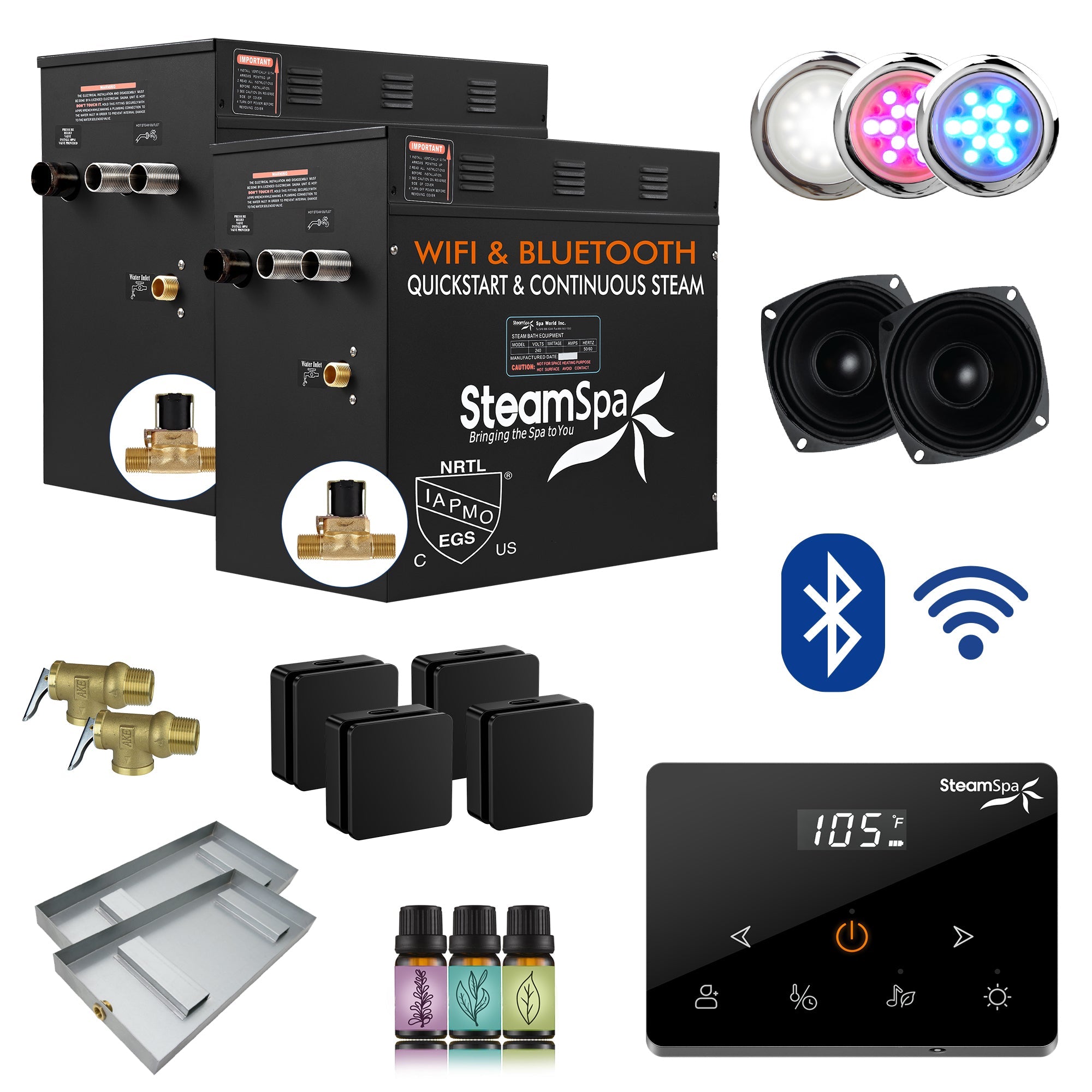 Black Series Steam Bath Generator with Wireless Controls, BLUETOOTH, WIFI, Auto Drain or Aroma Pump, and Multiple Finish Options