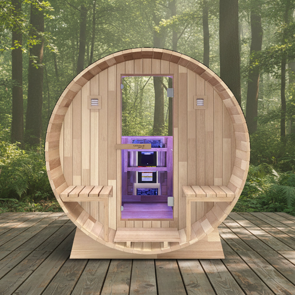 4-6 Person Outdoor Barrel Sauna in Cedar with ETL-Certified 6.2kW Rock Heater, Panoramic View, and Non-Curved Design