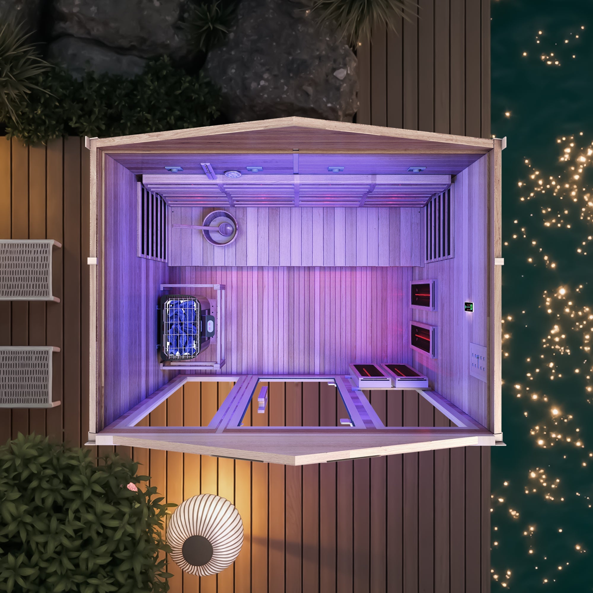 3-4 Person Outdoor Cabin Sauna in Cedar and Hemlock with Far Infrared Panels, and ETL Certified 6.2kW Sauna Rock Heater