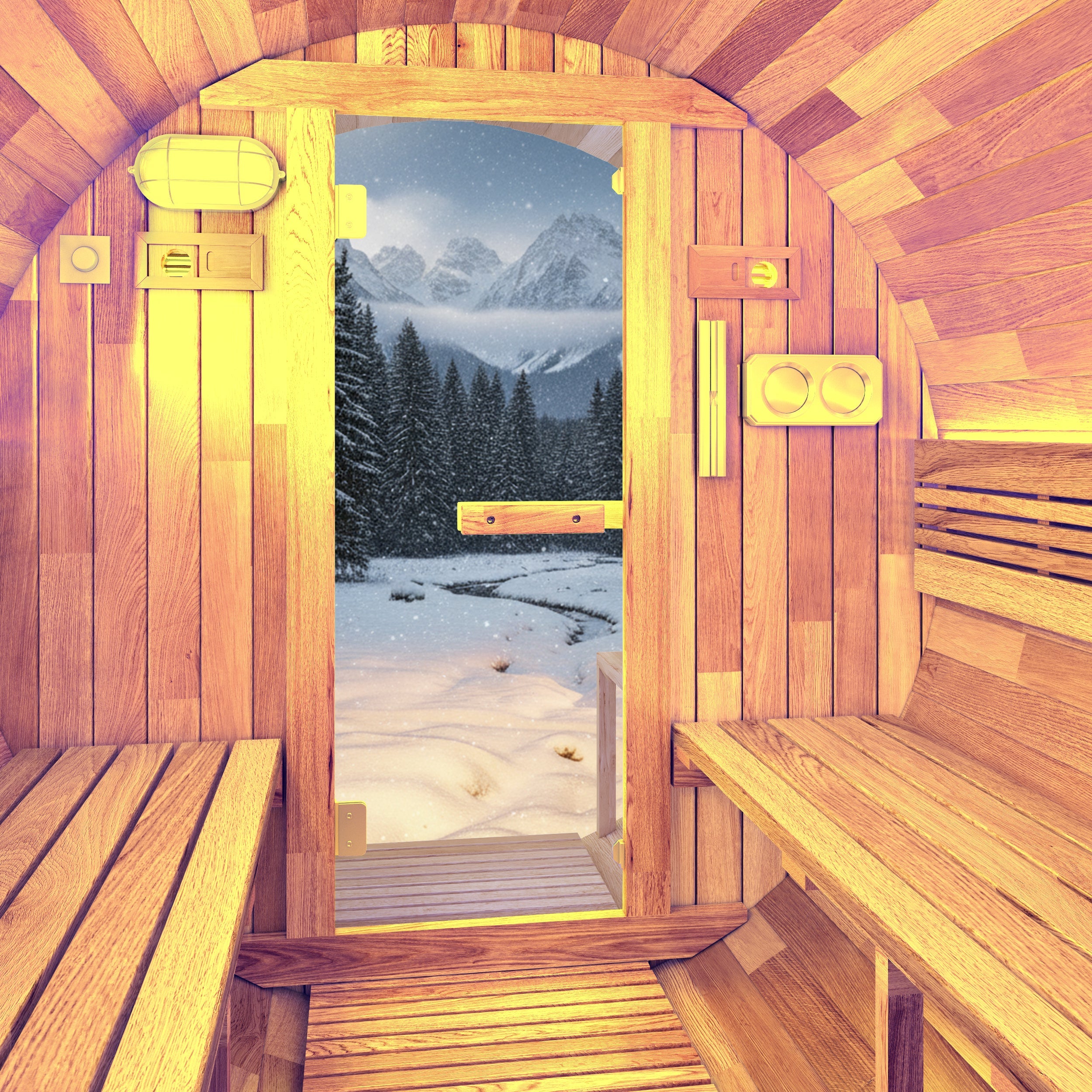 4-6 Person Outdoor Barrel Sauna in Cedar with ETL-Certified 6.2kW Rock Heater, Panoramic View, and Non-Curved Design