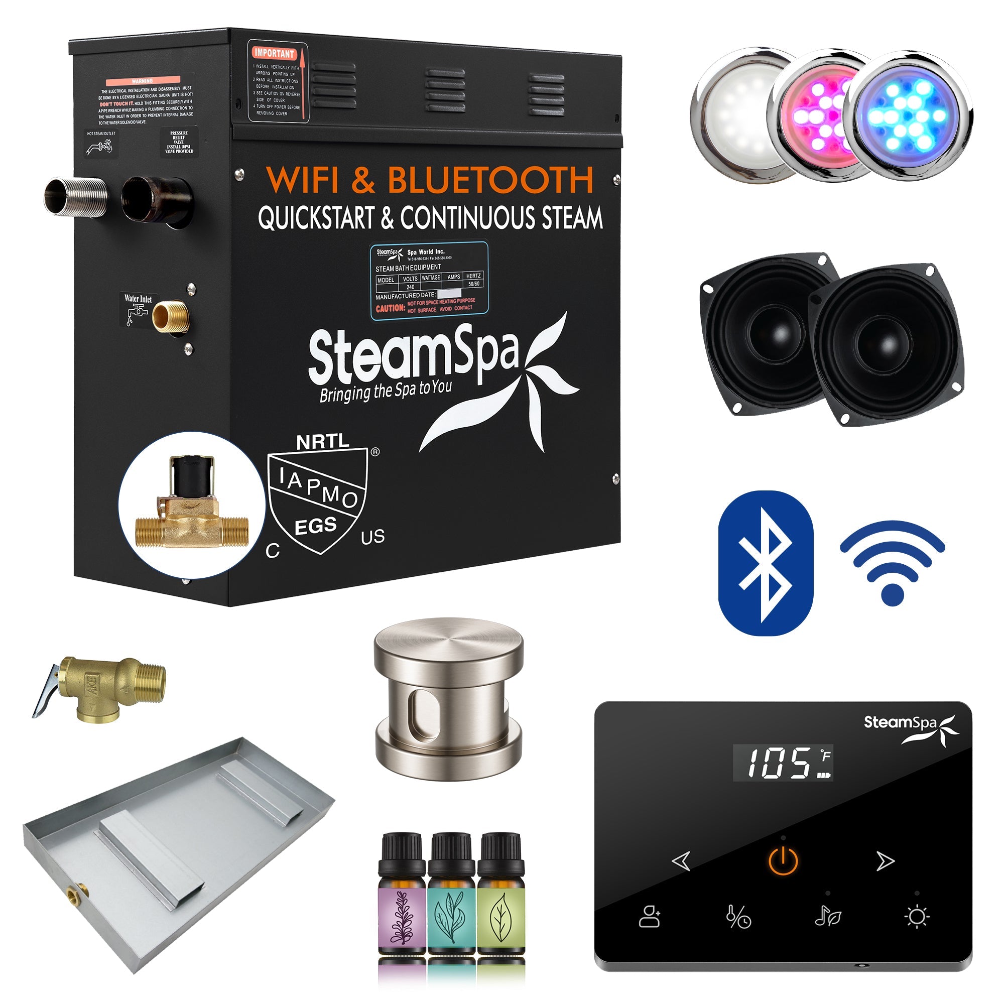Black Series Steam Bath Generator with Wireless Control, BLUETOOTH, WIFI, Auto Drain, and Multiple Finish Options