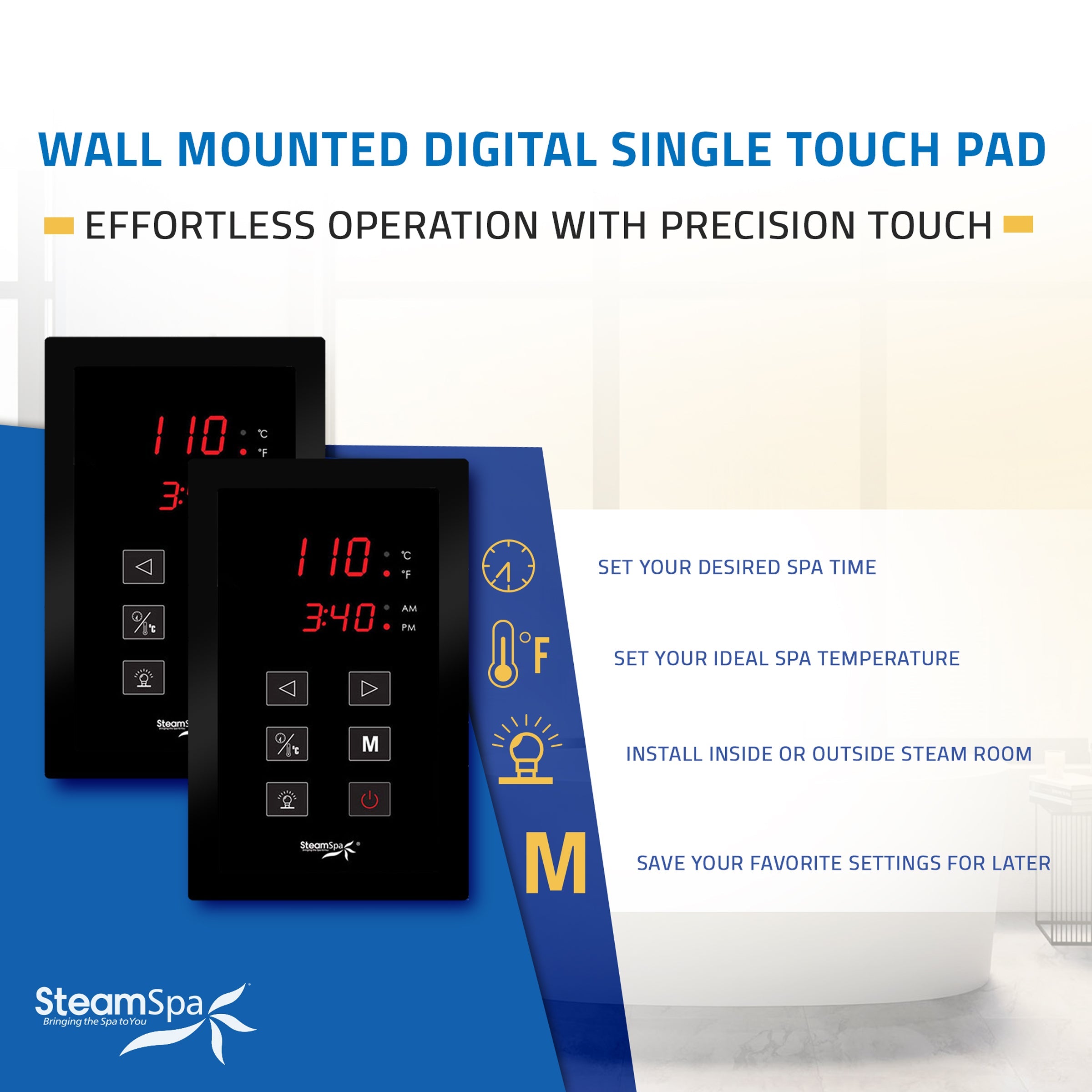 Royal Series Steam Bath Generator with Continuous Steam, Dual Touch Control, Chroma Lighting, Auto Drain & Water Filter