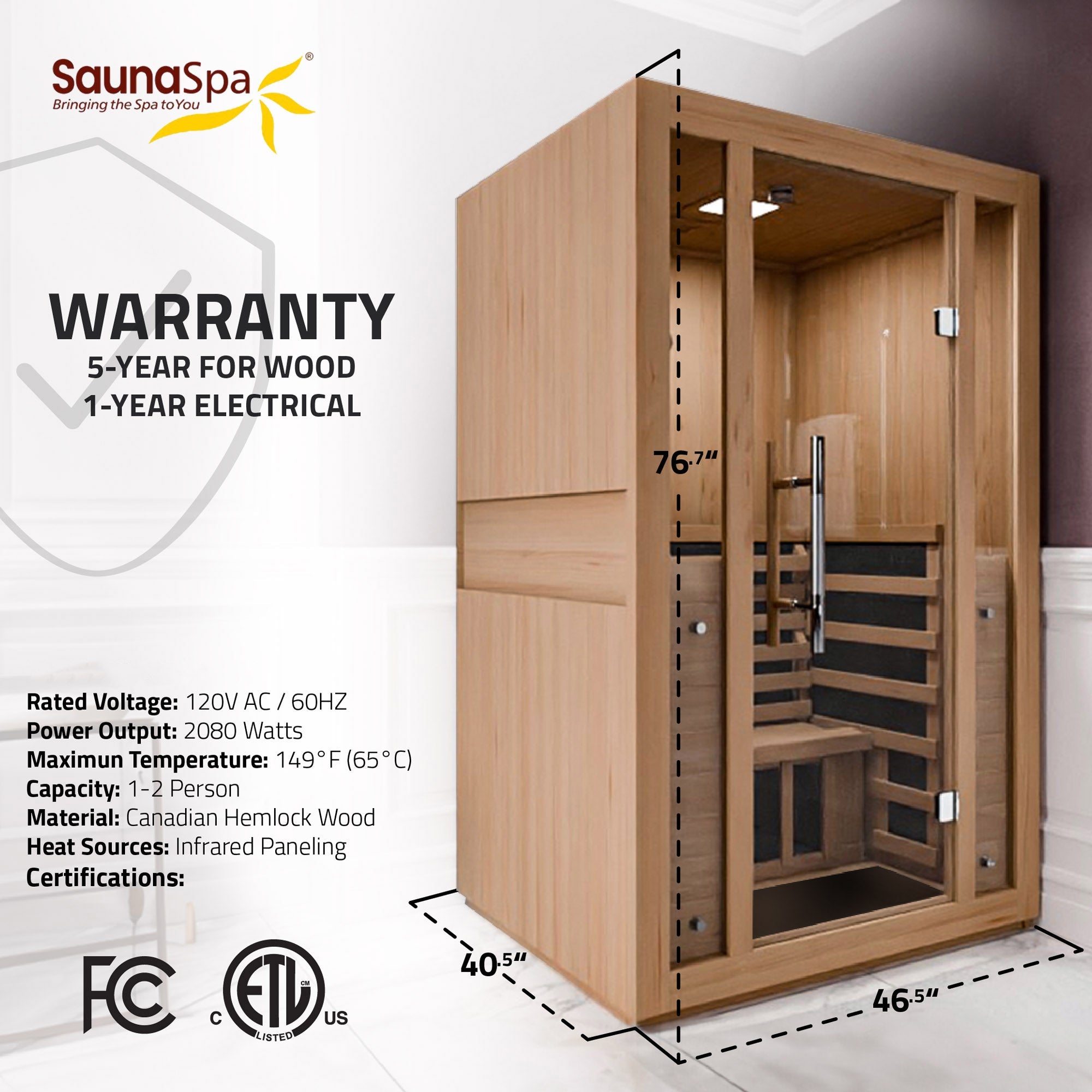Fiji 2-Person Carbon FAR Infrared Hemlock Wooden Indoor Home Sauna Room with LED Touch Control Panel