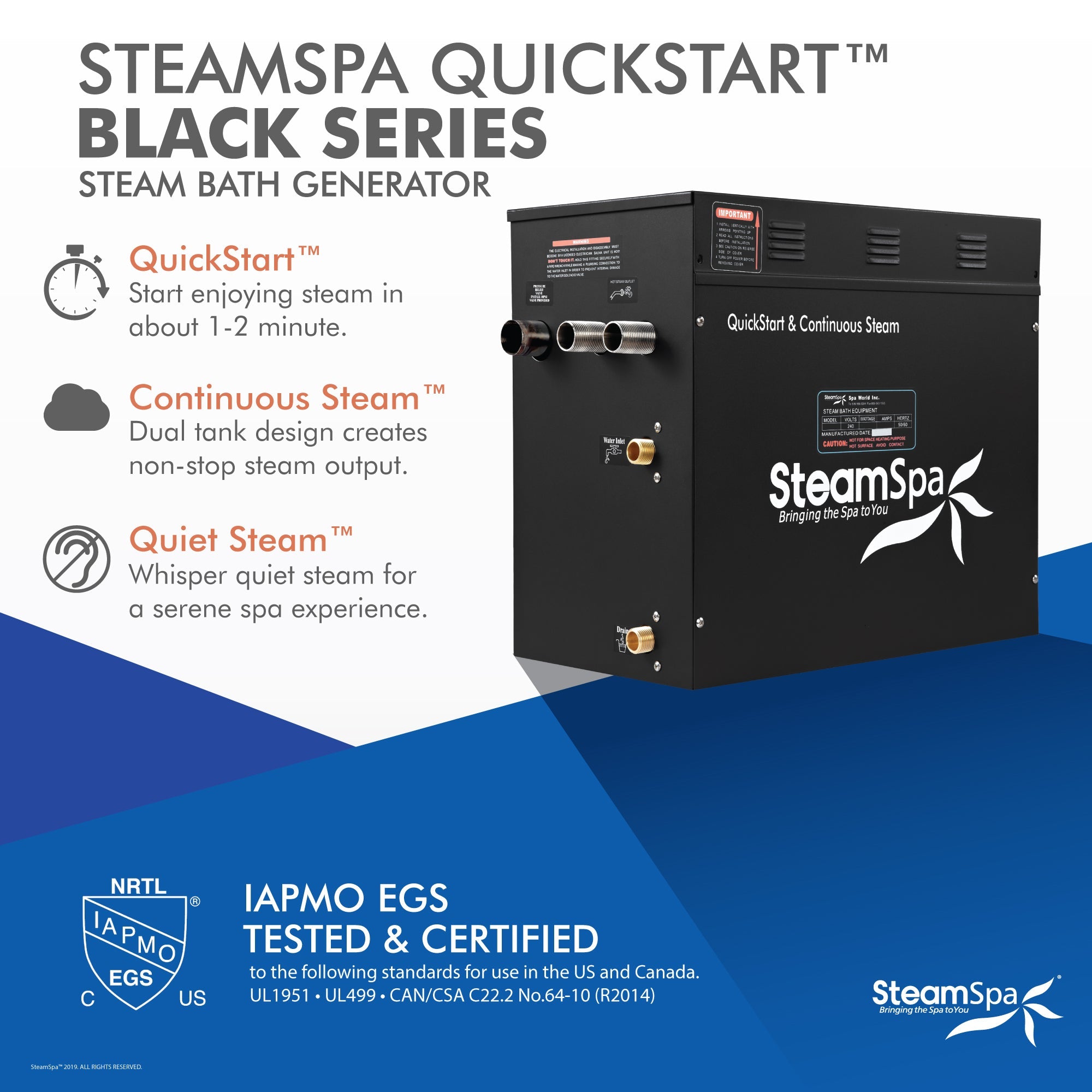 Black Series Steam Bath Generator Package with Advanced Touchscreen, Bluetooth Audio & Dual Aroma Pump