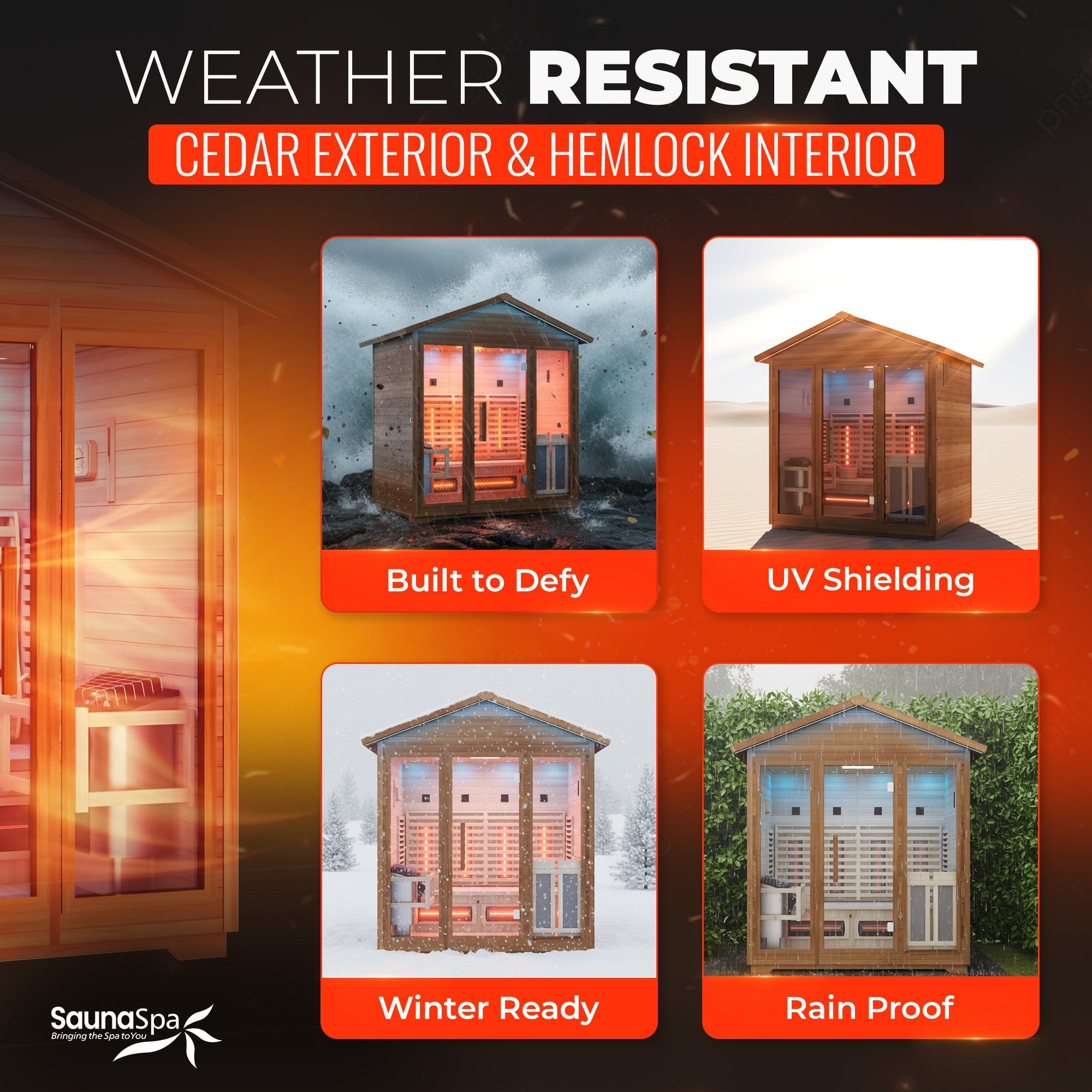 3-4 Person Outdoor Cabin Sauna in Cedar and Hemlock with Far Infrared Panels, and ETL Certified 6.2kW Sauna Rock Heater