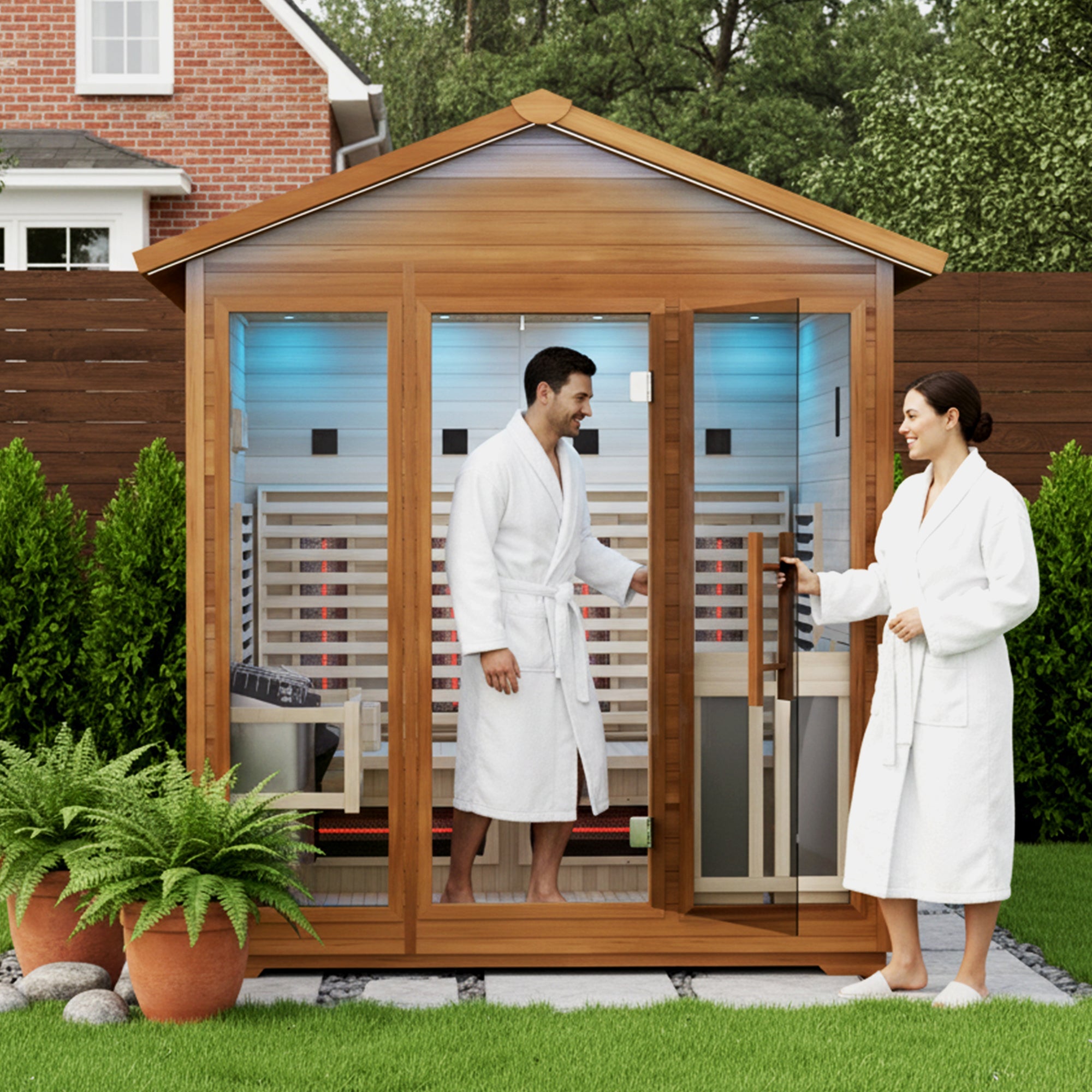 3-4 Person Outdoor Cabin Sauna in Cedar and Hemlock with Far Infrared Panels, and ETL Certified 6.2kW Sauna Rock Heater